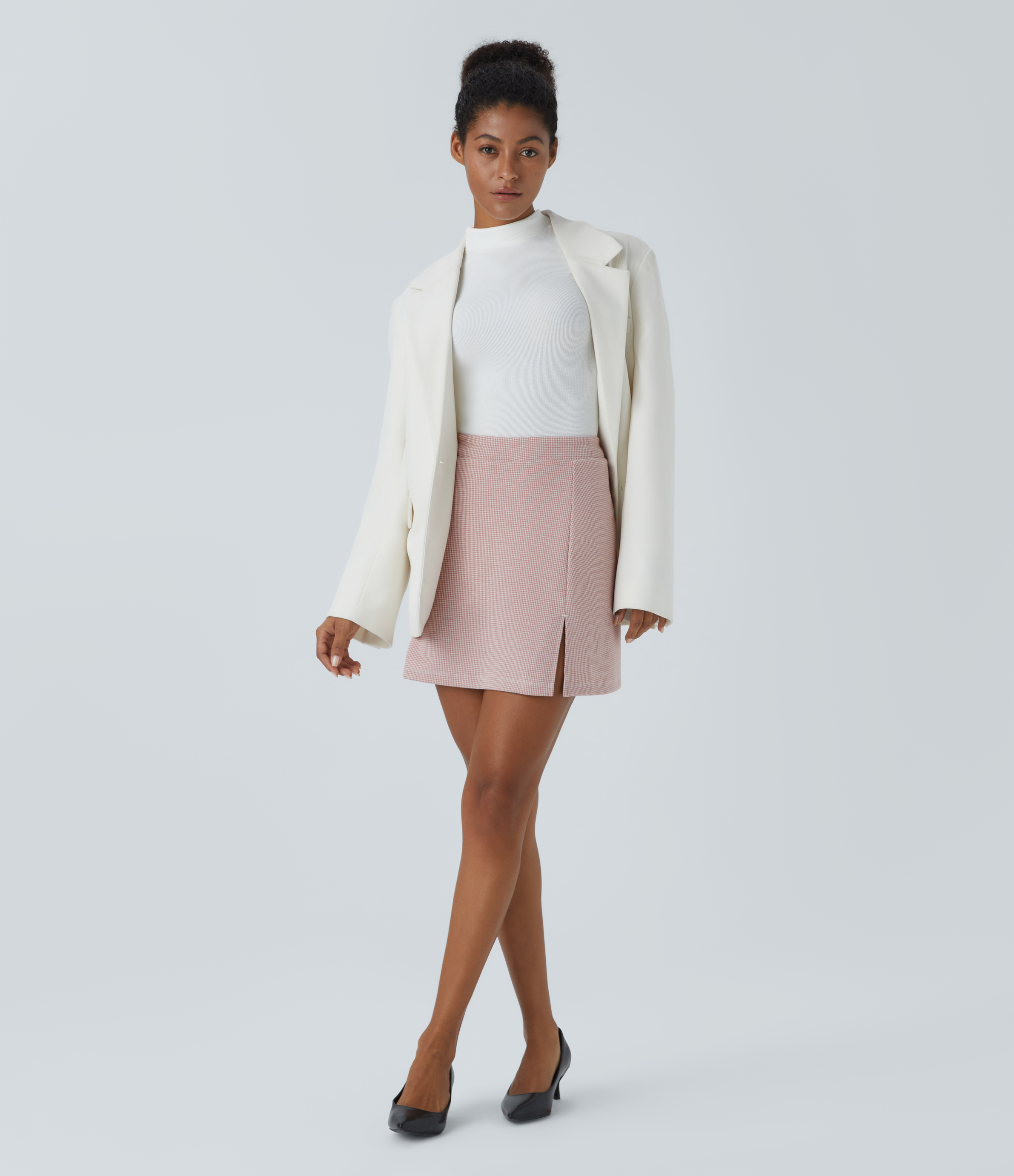 Halara High Waisted 2-in-1 Split Houndstooth Mini Work Skirt  - Pink Sand Houndstooth - XS(regular) 