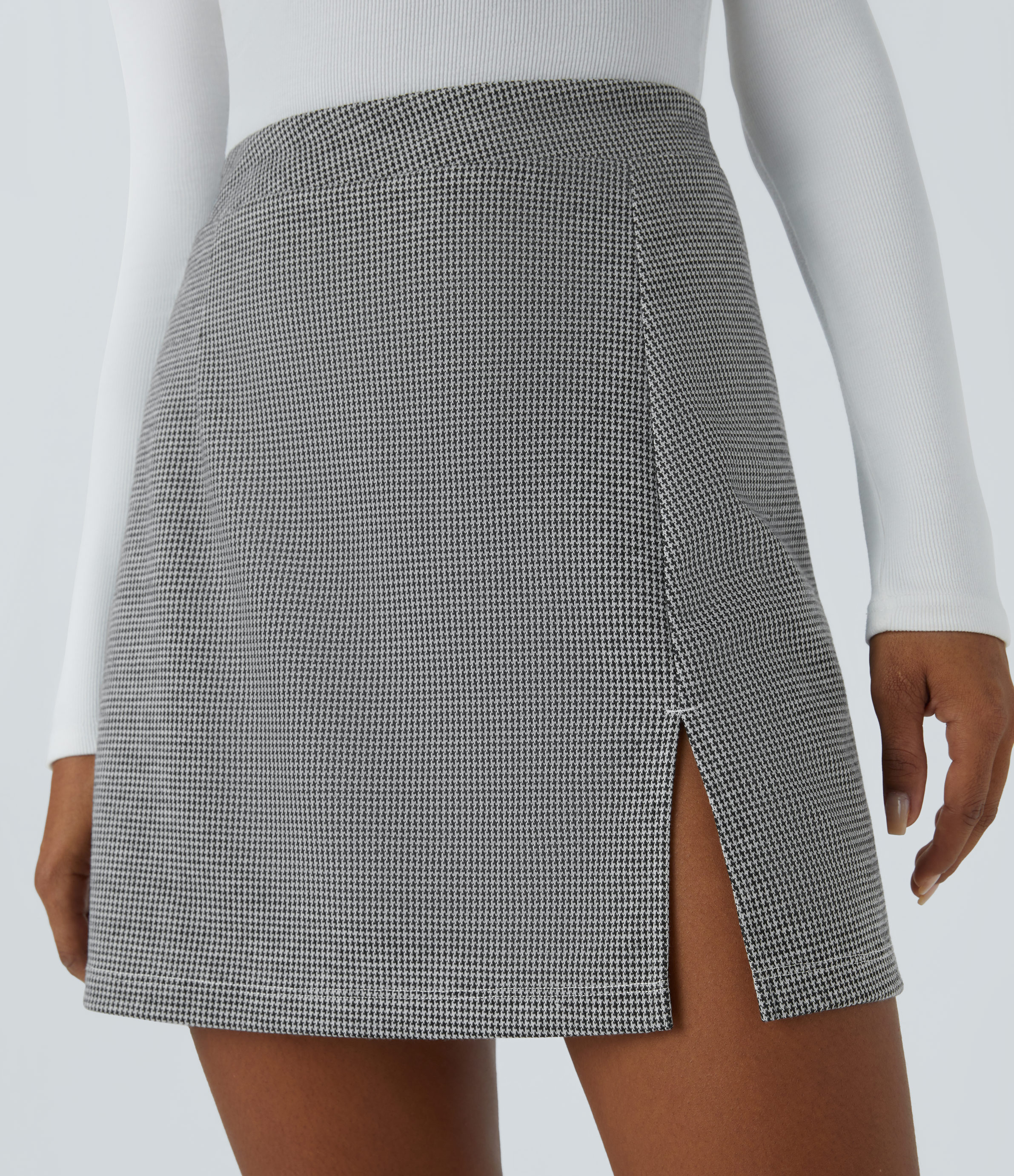 Halara High Waisted 2-in-1 Split Houndstooth Mini Work Skirt  - Star White Houndstooth - L(regular) 
