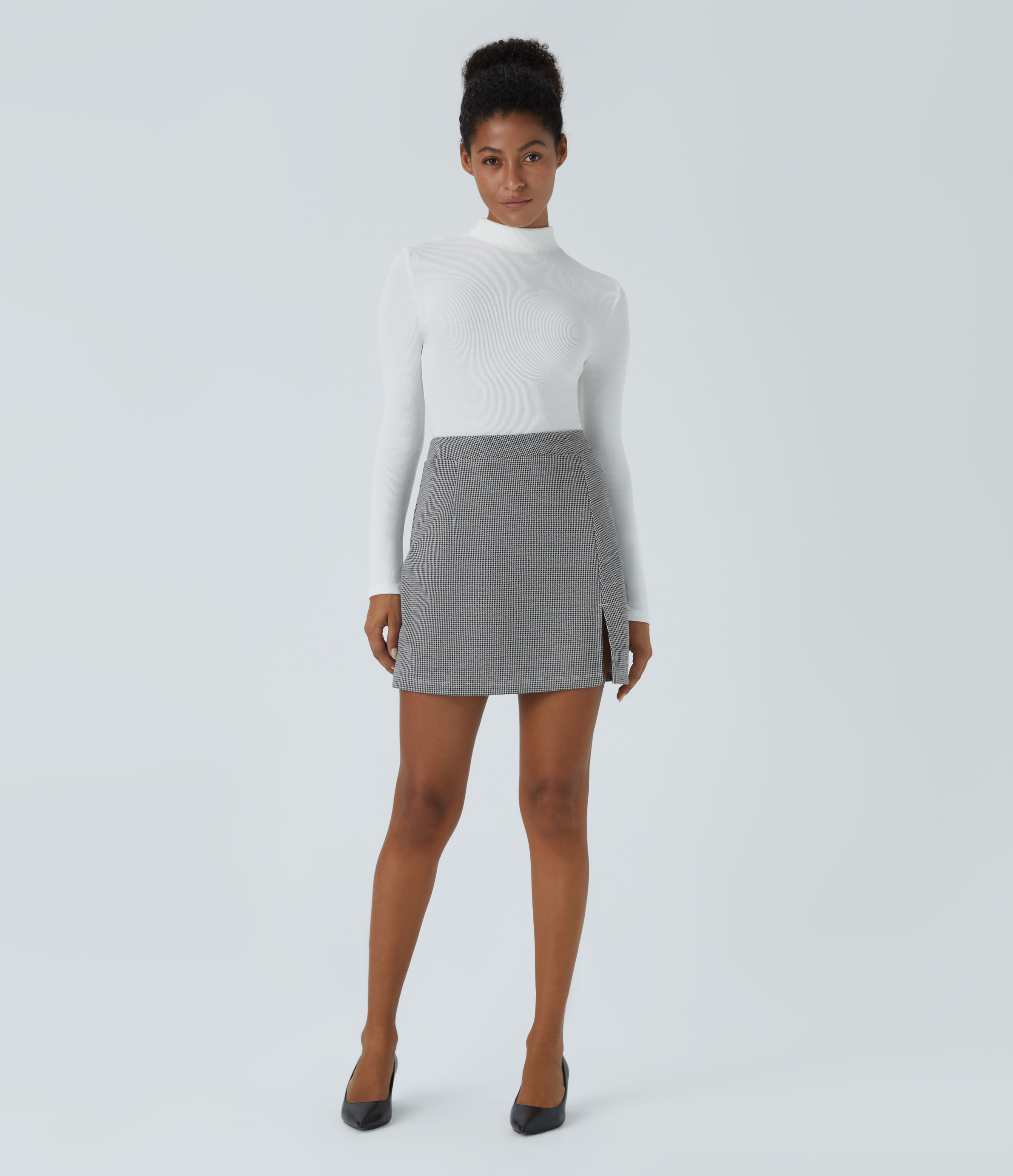 Halara High Waisted 2-in-1 Split Houndstooth Mini Work Skirt  - Star White Houndstooth - L(regular) 