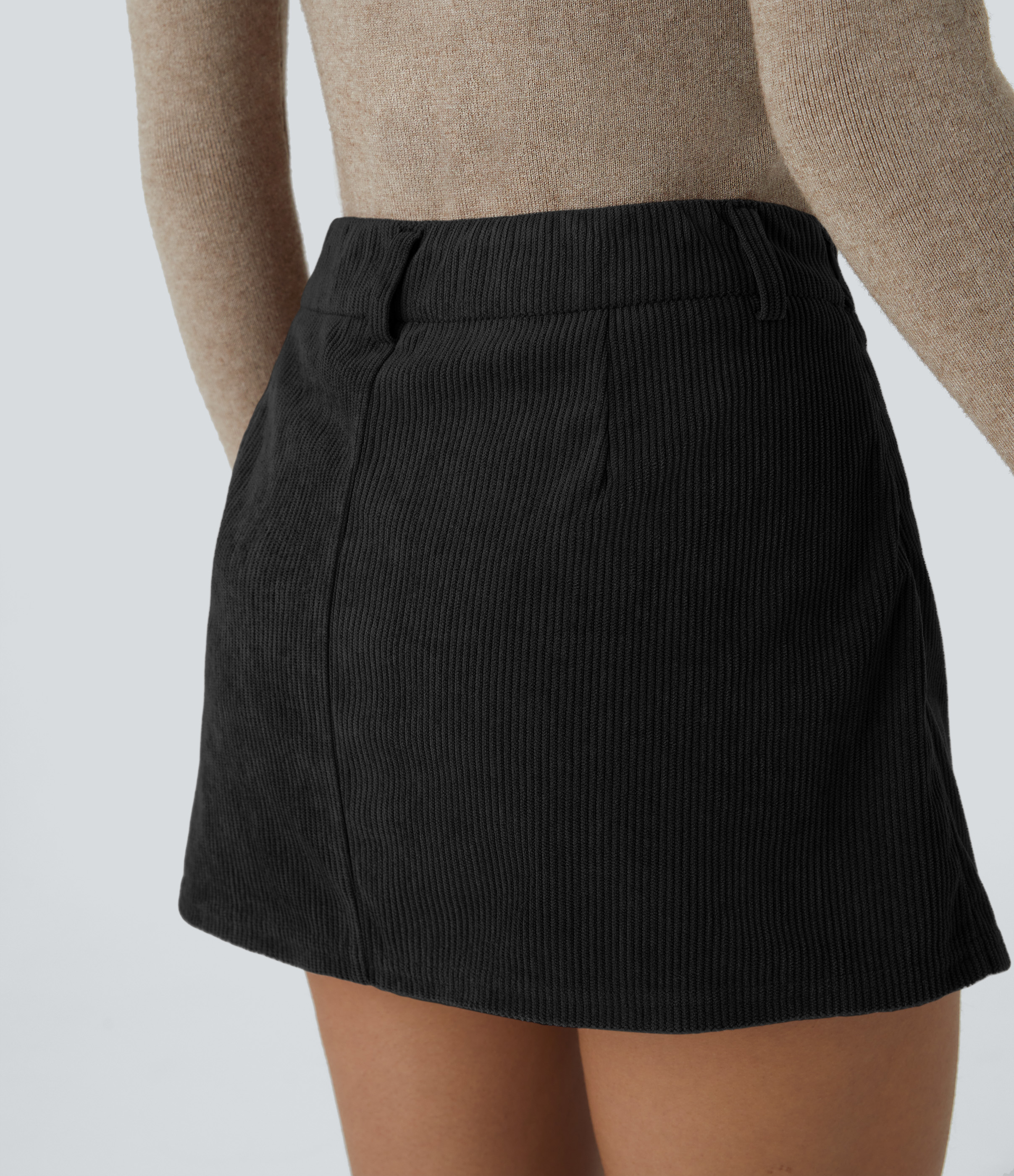 Halara Mid Low Rise Button Zipper 2-in-1 A Line Mini Corduroy Casual Skirt  - Black - S(regular) 