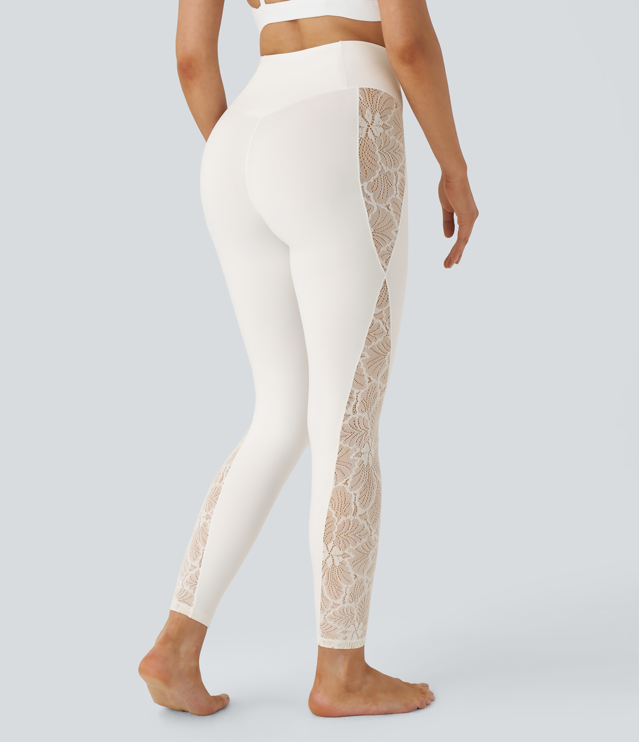 Halara Softlyzeroв„ў High Waisted Crossover Contrast Lace Back Pocket Yoga 7/8 Leggings-UPF50+  - White - S(full_length) gym leggings 