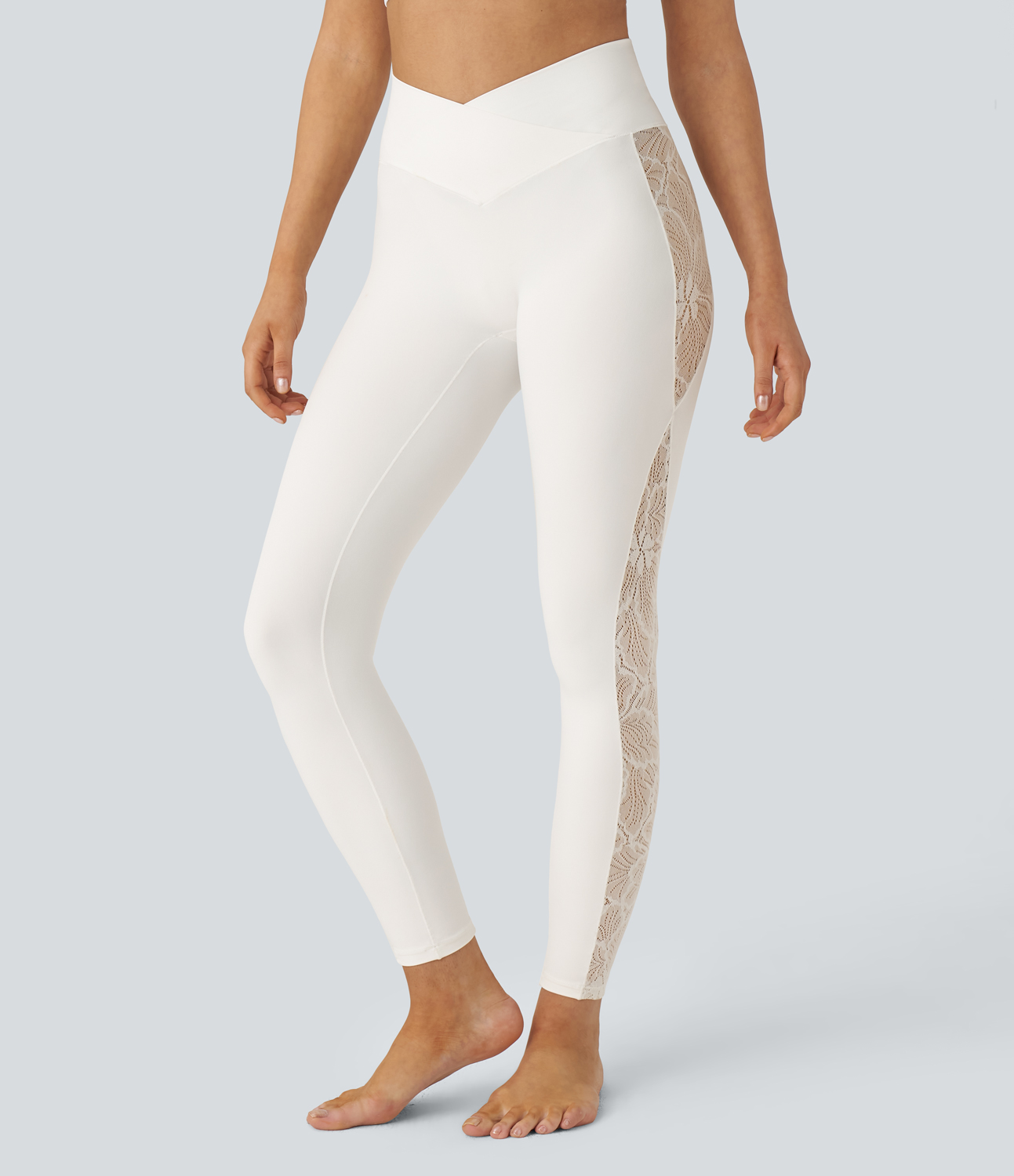 Halara Softlyzeroв„ў High Waisted Crossover Contrast Lace Back Pocket Yoga 7/8 Leggings-UPF50+  - White - S(full_length) gym leggings 