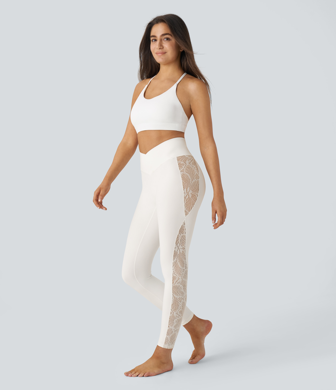 Halara Softlyzeroв„ў High Waisted Crossover Contrast Lace Back Pocket Yoga 7/8 Leggings-UPF50+  - White - S(full_length) gym leggings 