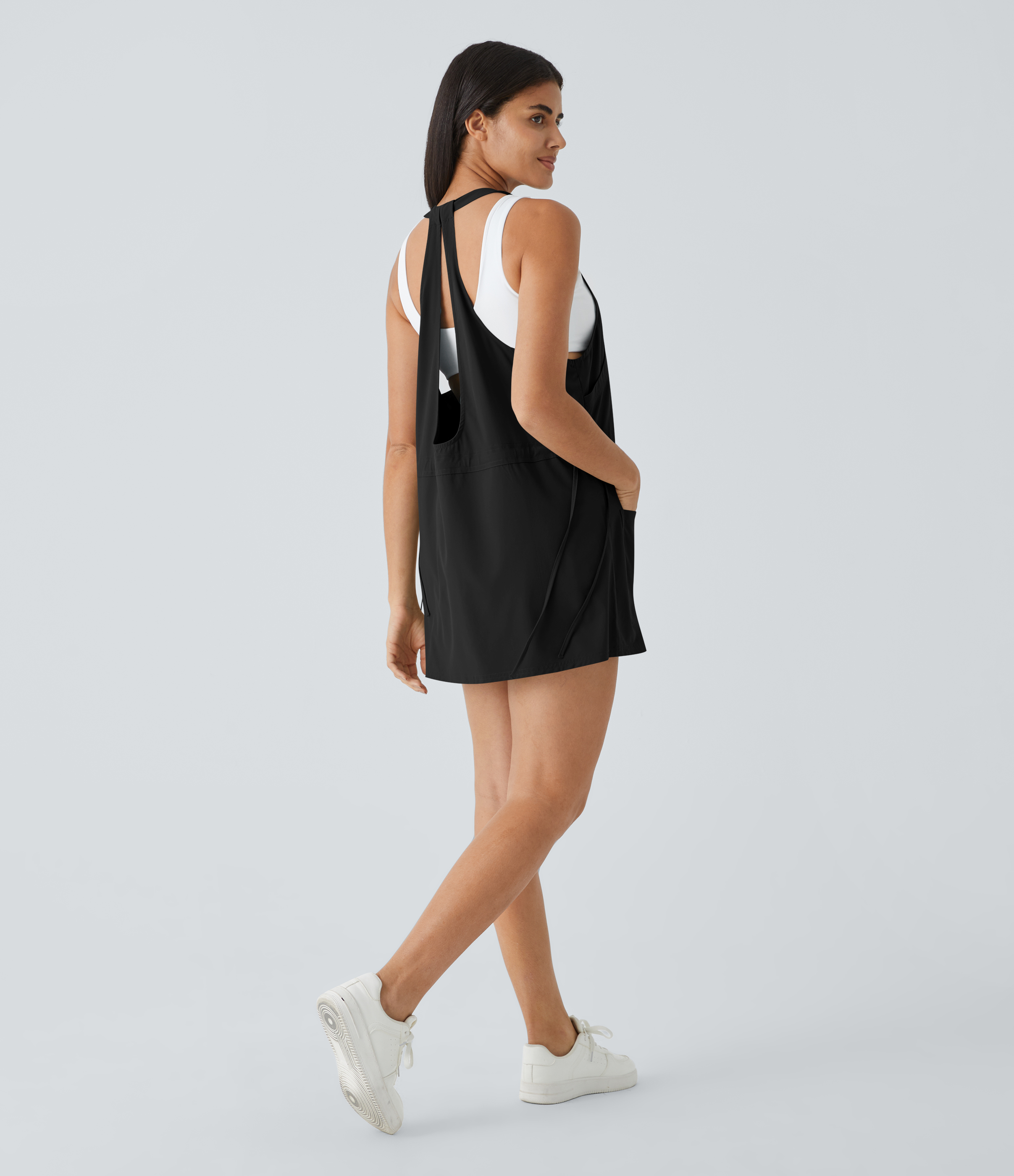 Halara Breezefulв„ў Backless Multiple Pockets Drawstring 2-Piece Quick Dry Mini Hiking Active Dress Workout Dress - Black - XL 