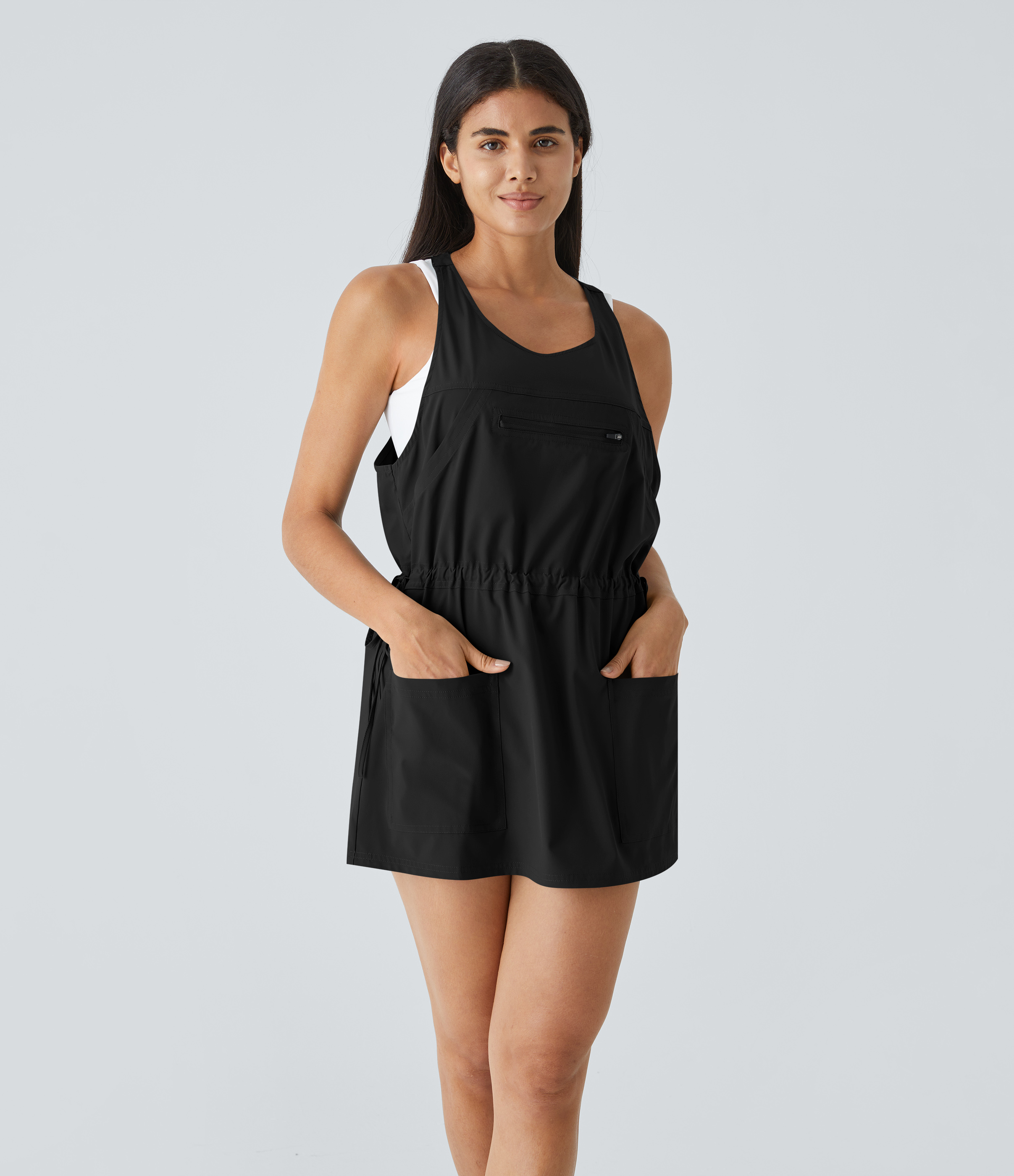 Halara Breezefulв„ў Backless Multiple Pockets Drawstring 2-Piece Quick Dry Mini Hiking Active Dress Workout Dress - Black - XL 