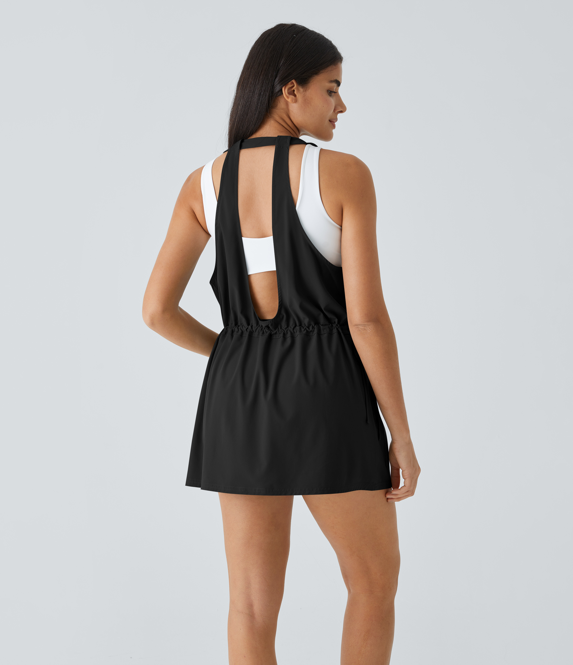Halara Breezefulв„ў Backless Multiple Pockets Drawstring 2-Piece Quick Dry Mini Hiking Active Dress Workout Dress - Black - XL 