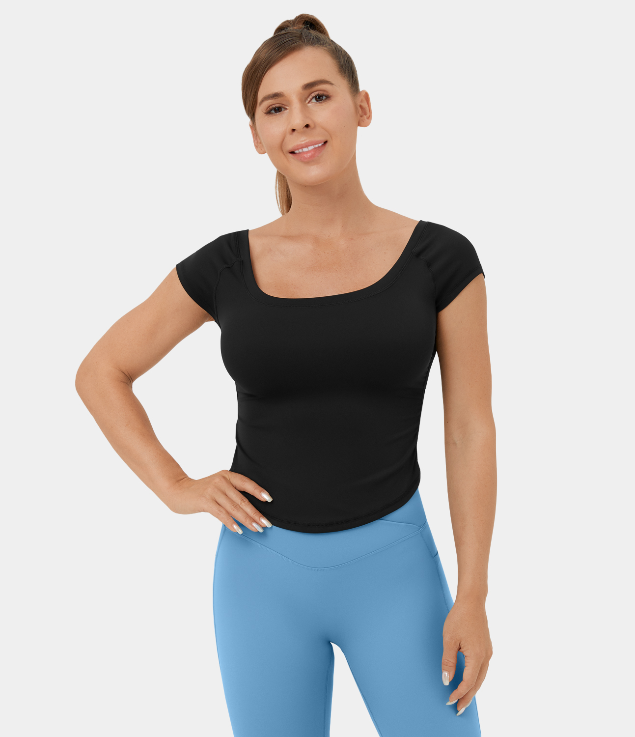 Halara U Neck Short Sleeve Ruched Curved Hem Cropped Casual Sports Top  - Black - L 