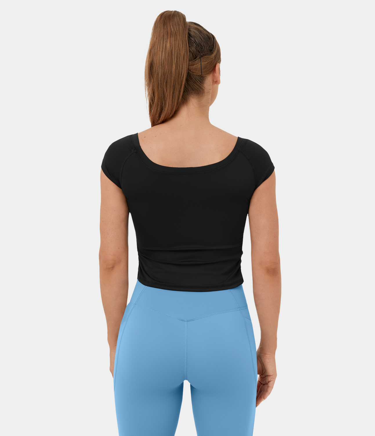 Halara U Neck Short Sleeve Ruched Curved Hem Cropped Casual Sports Top  - Black - L 