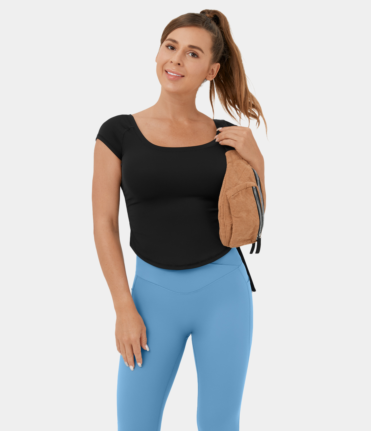 Halara U Neck Short Sleeve Ruched Curved Hem Cropped Casual Sports Top  - Black - L 
