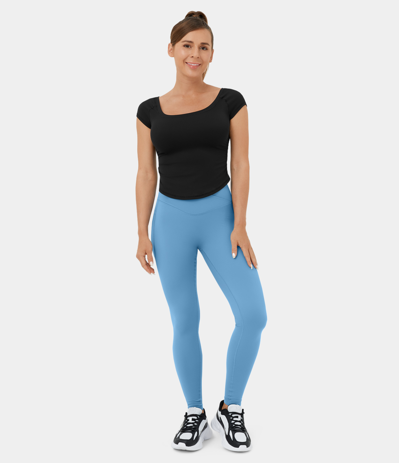 Halara U Neck Short Sleeve Ruched Curved Hem Cropped Casual Sports Top  - Black - L 