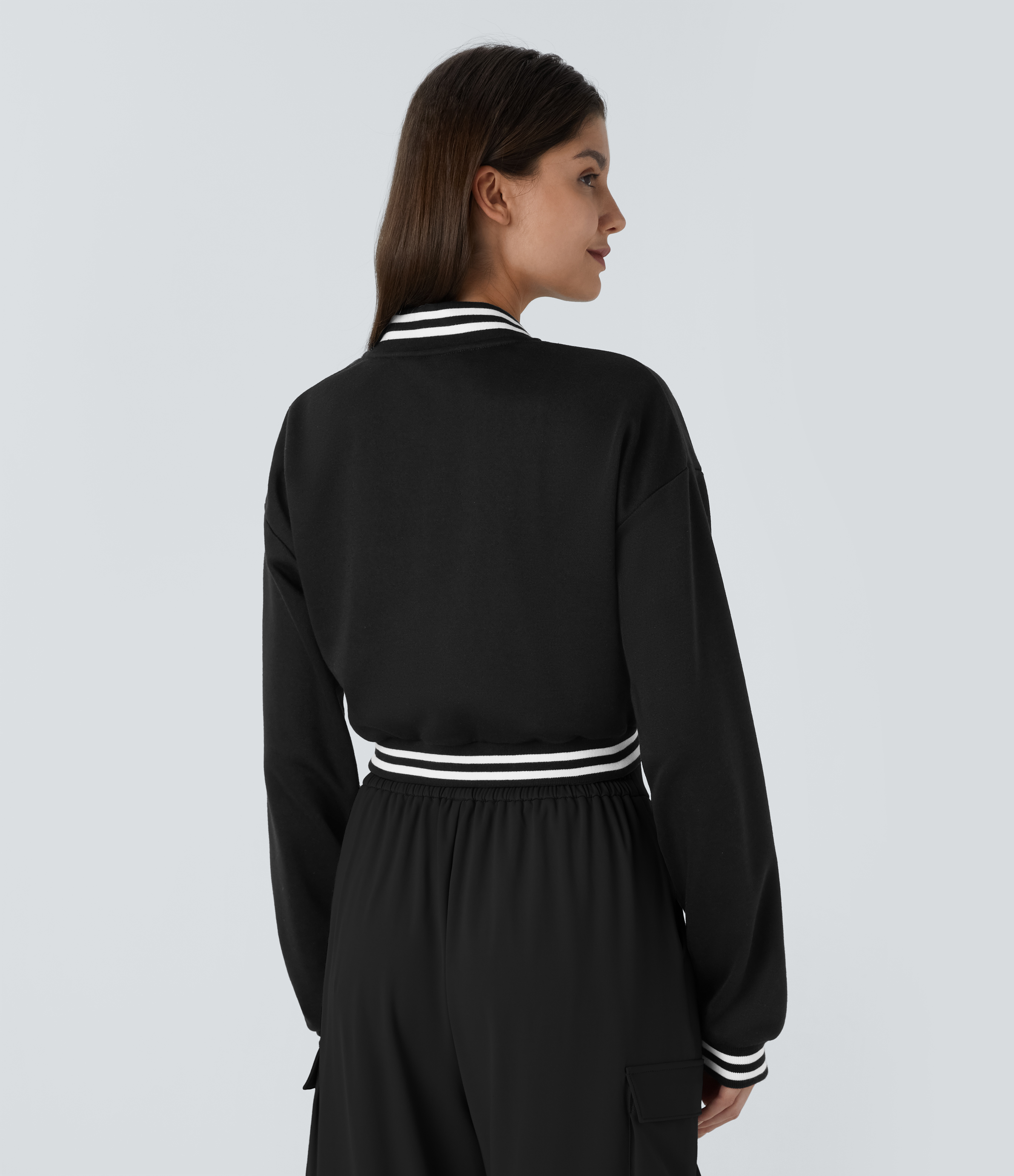 Halara Snap Button Contrast Ribbed Color Block Striped Cropped Casual Bomber Jacket  - Black - XL 