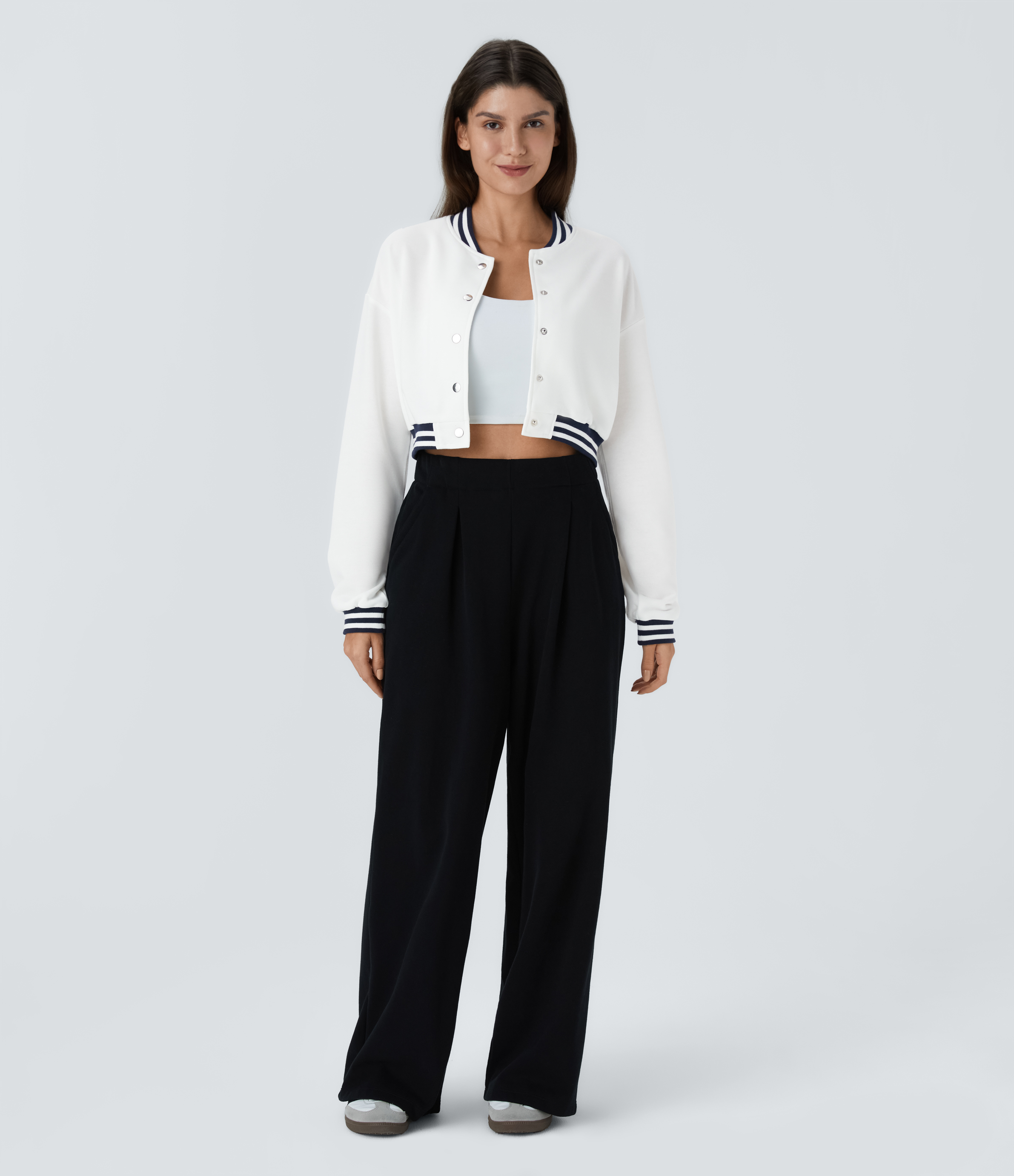Halara Snap Button Contrast Ribbed Color Block Striped Cropped Casual Bomber Jacket  - White - M 