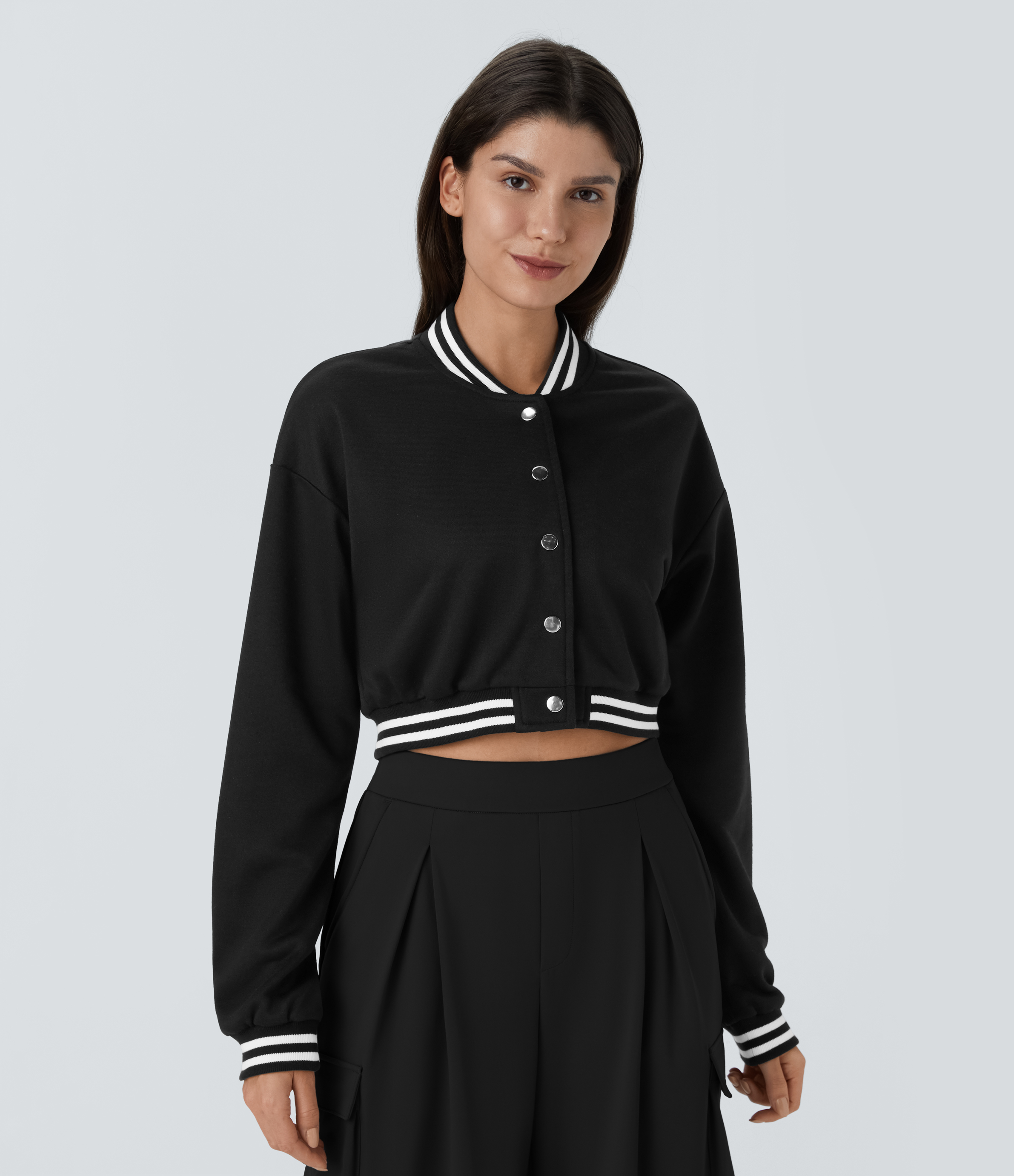 Halara Snap Button Contrast Ribbed Color Block Striped Cropped Casual Bomber Jacket  - Black - XL 