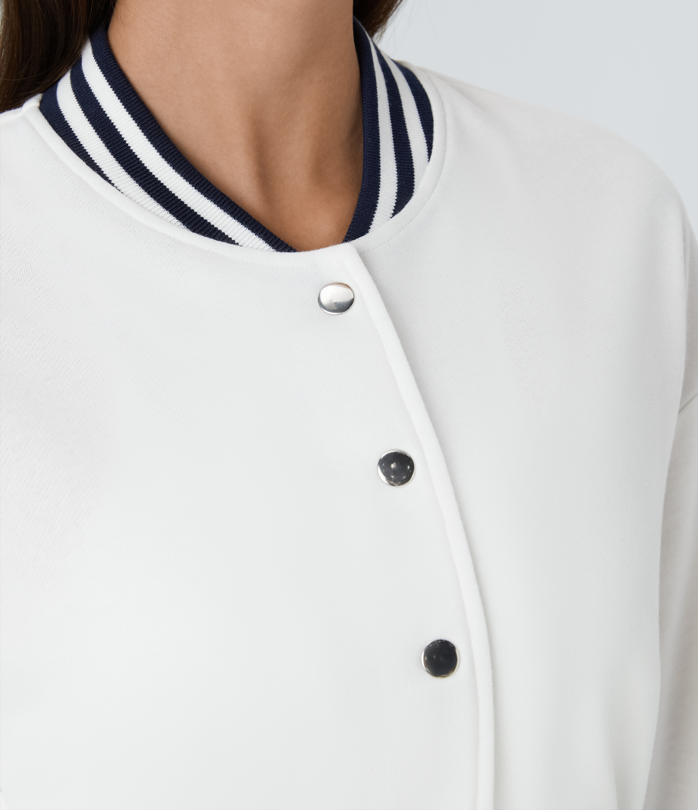 Halara Snap Button Contrast Ribbed Color Block Striped Cropped Casual Bomber Jacket  - White - M 