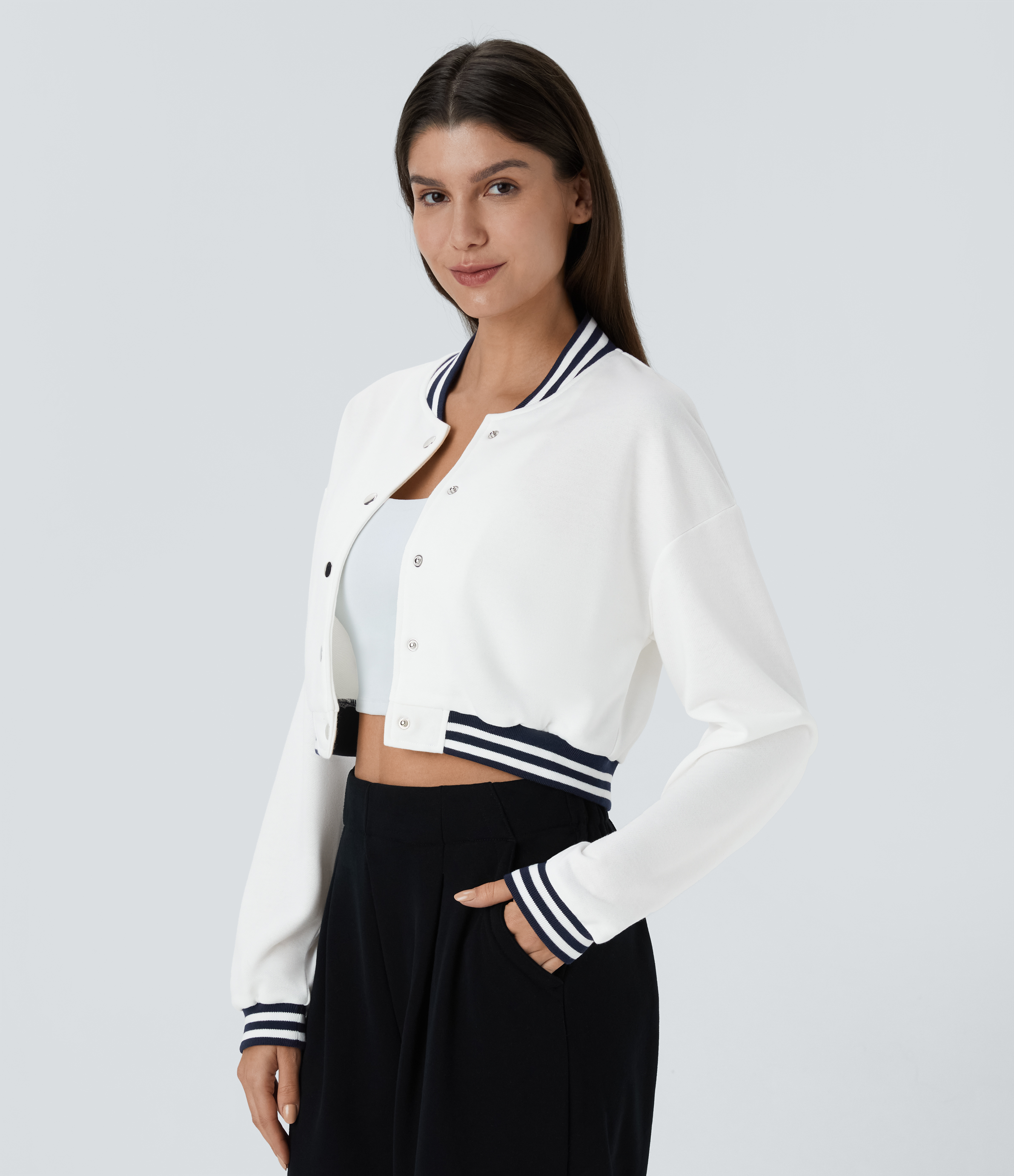 Halara Snap Button Contrast Ribbed Color Block Striped Cropped Casual Bomber Jacket  - White - M 