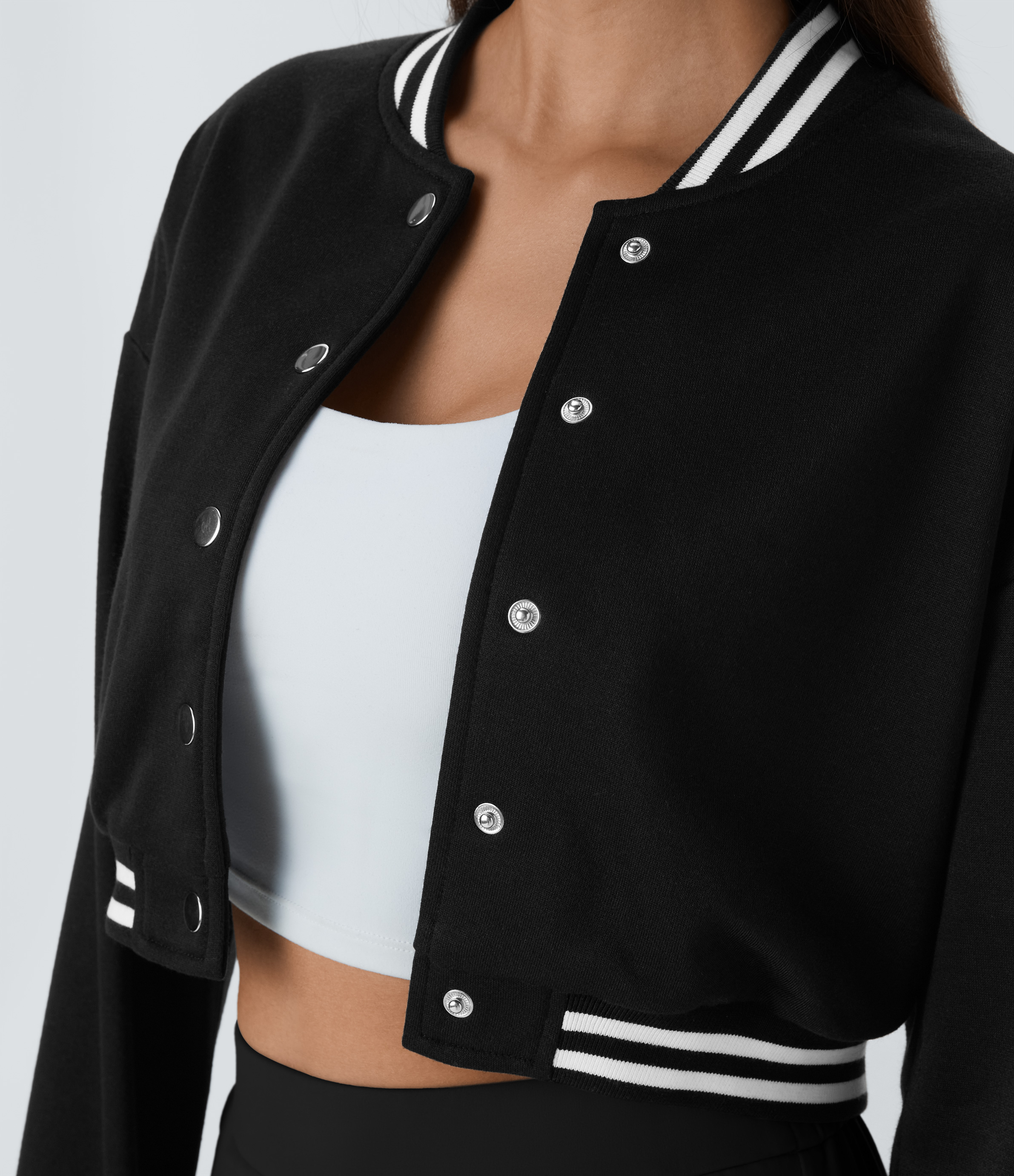 Halara Snap Button Contrast Ribbed Color Block Striped Cropped Casual Bomber Jacket  - Black - XL 