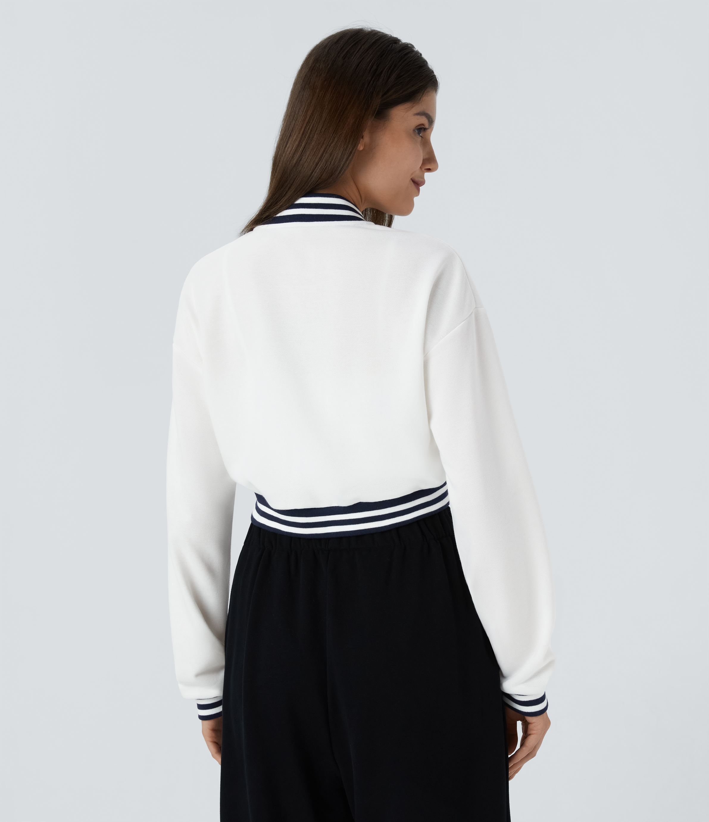 Halara Snap Button Contrast Ribbed Color Block Striped Cropped Casual Bomber Jacket  - White - M 