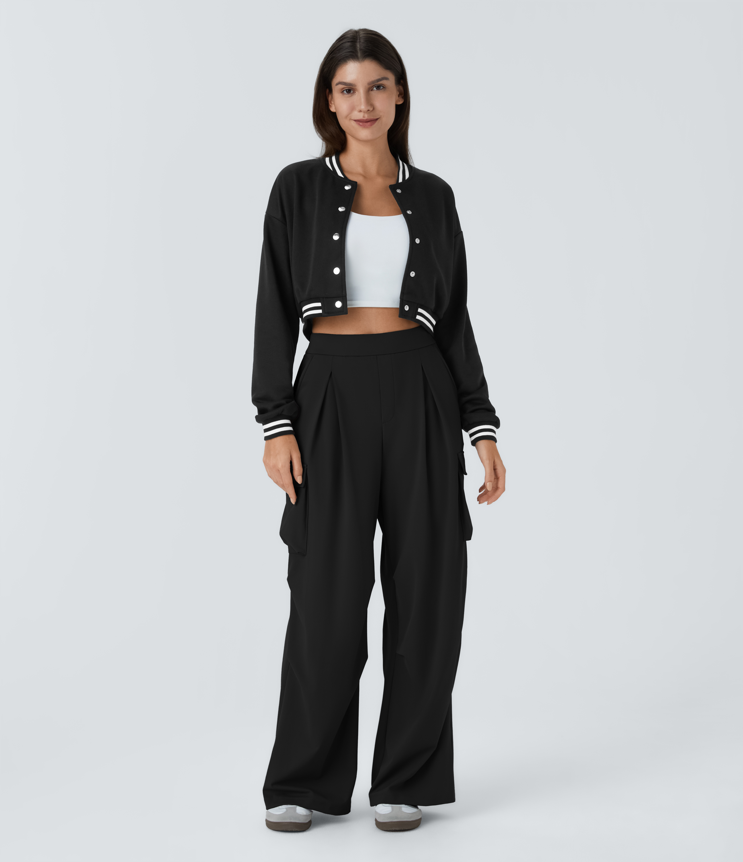 Halara Snap Button Contrast Ribbed Color Block Striped Cropped Casual Bomber Jacket  - Black - XL 