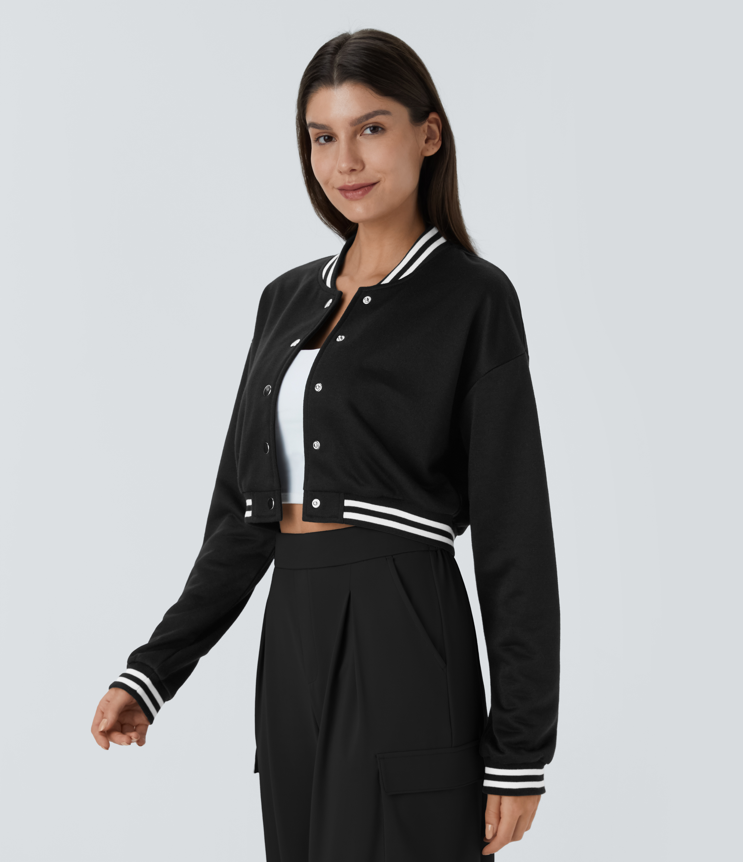 Halara Snap Button Contrast Ribbed Color Block Striped Cropped Casual Bomber Jacket  - Black - XL 