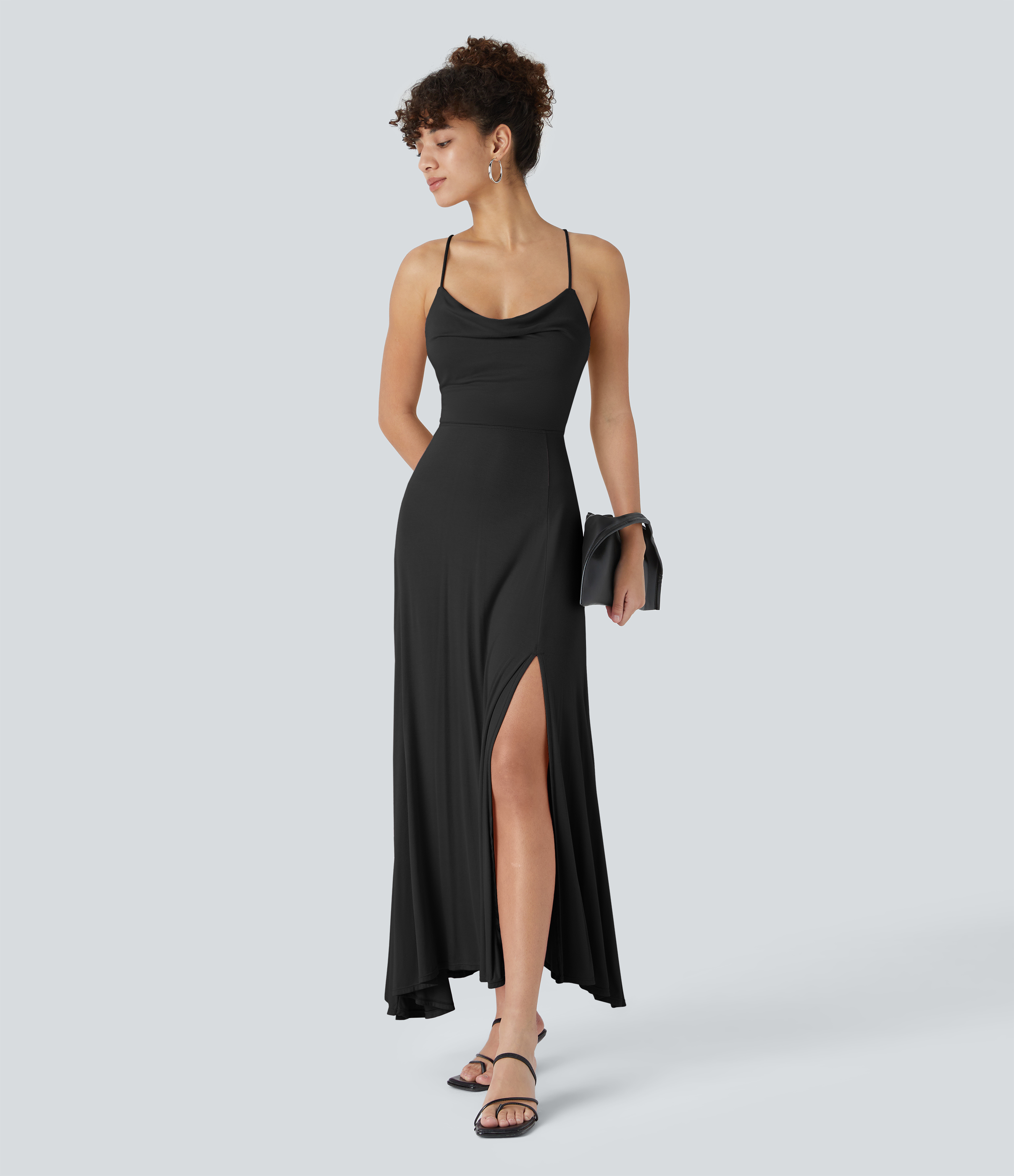 Robe Soirée Midi Encolure Côtelée Dos Nu Lacets Croisés Fendue