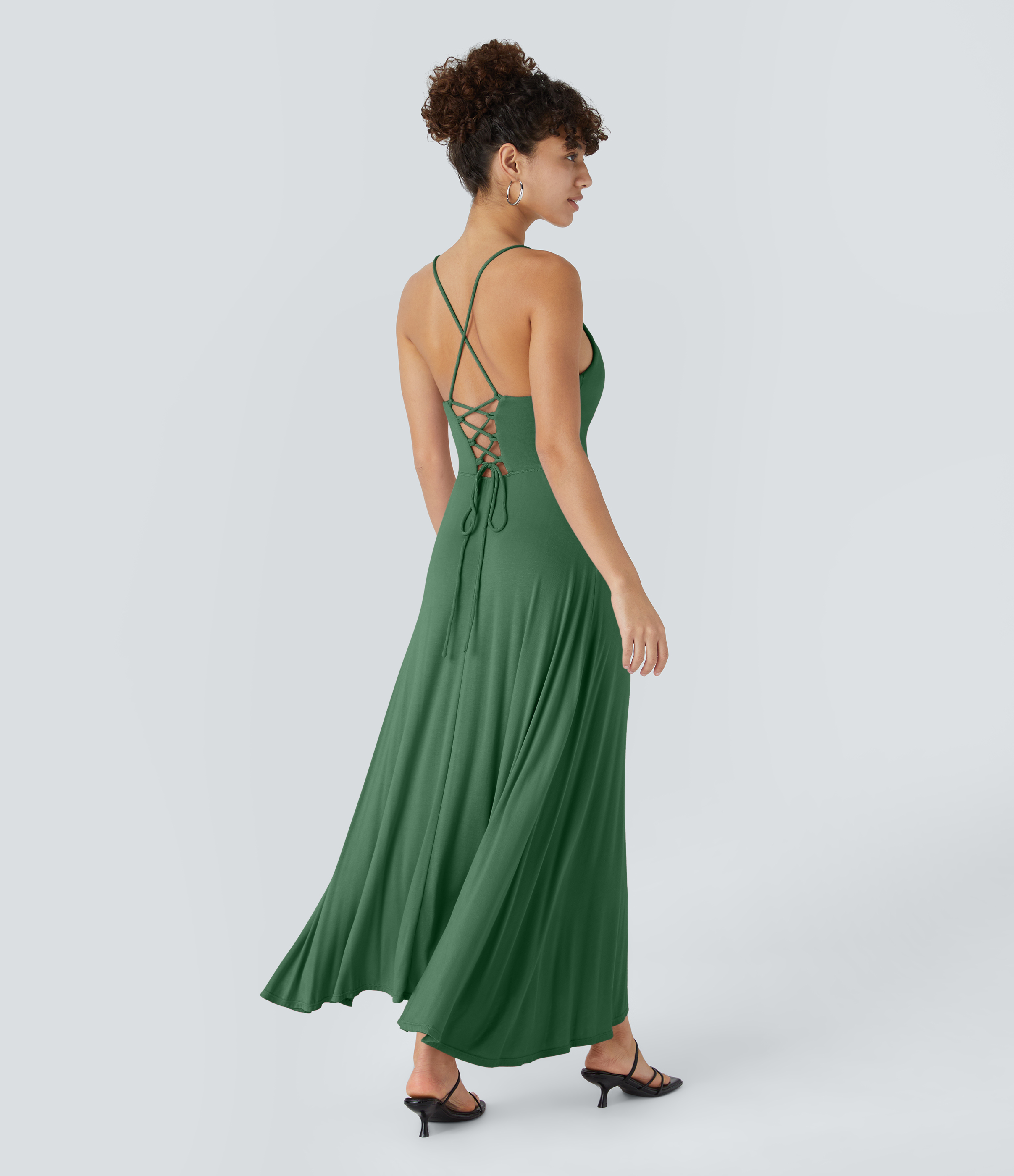 Halara Ribbed Cowl Neck Backless Crisscross Lace Up Split Midi Party Dress Casual Dress - Dark Verdant Green - XS slip dress beach dress 