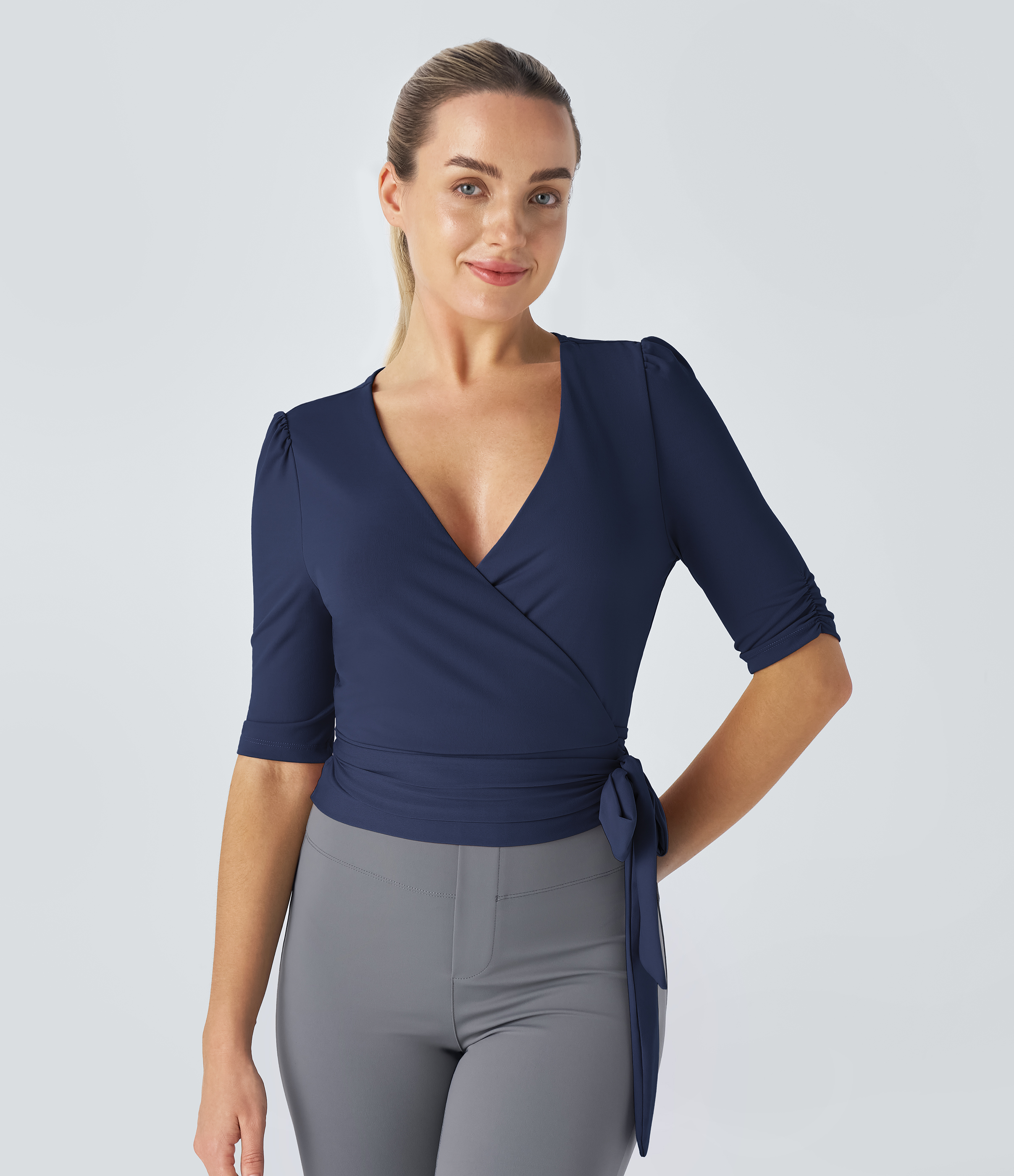 Halara V Neck Wrapped Tie Side Work Blouse  - Dark Sapphire - M 