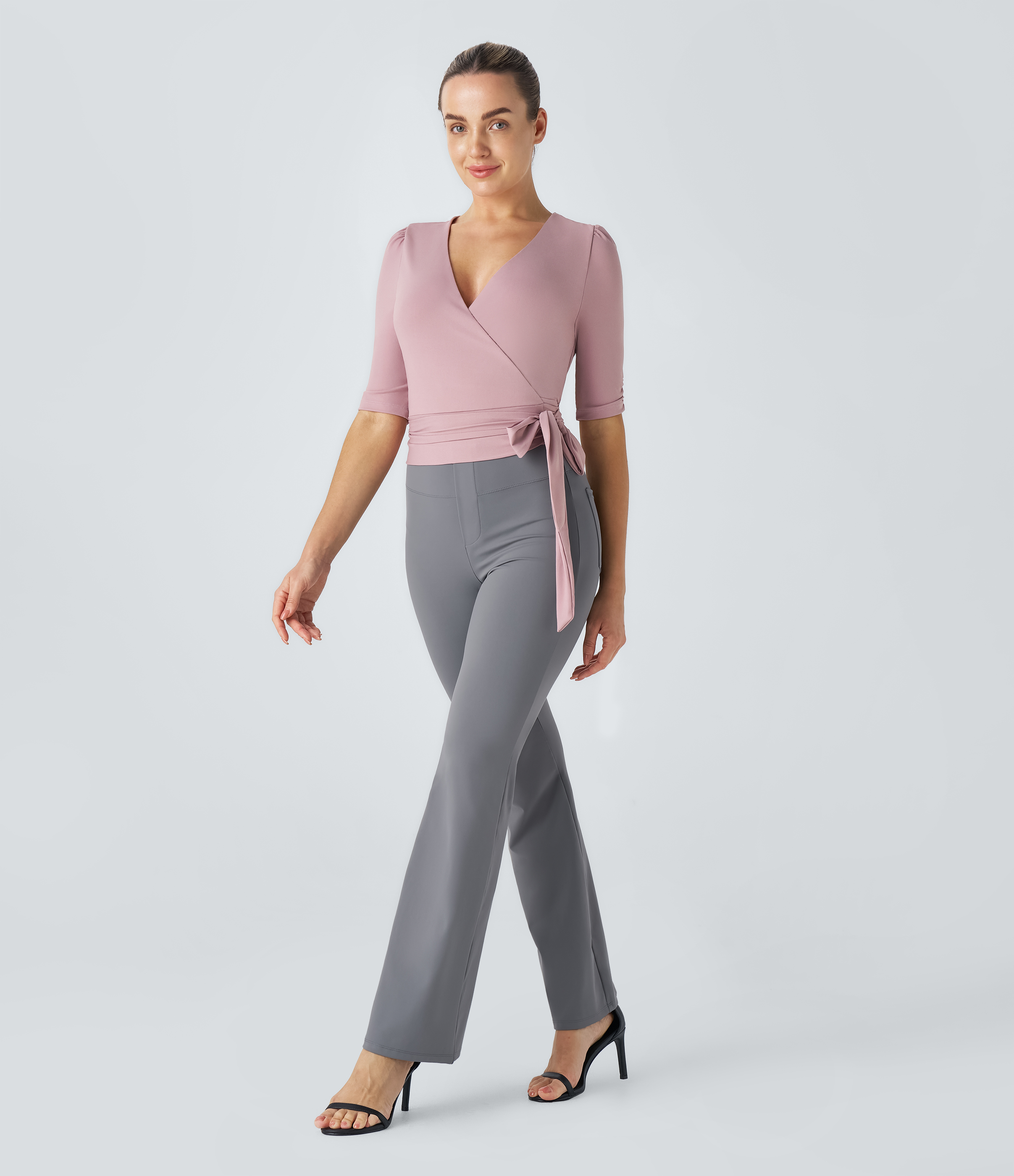 Halara V Neck Wrapped Tie Side Work Blouse  - Lilac Pink - XL 