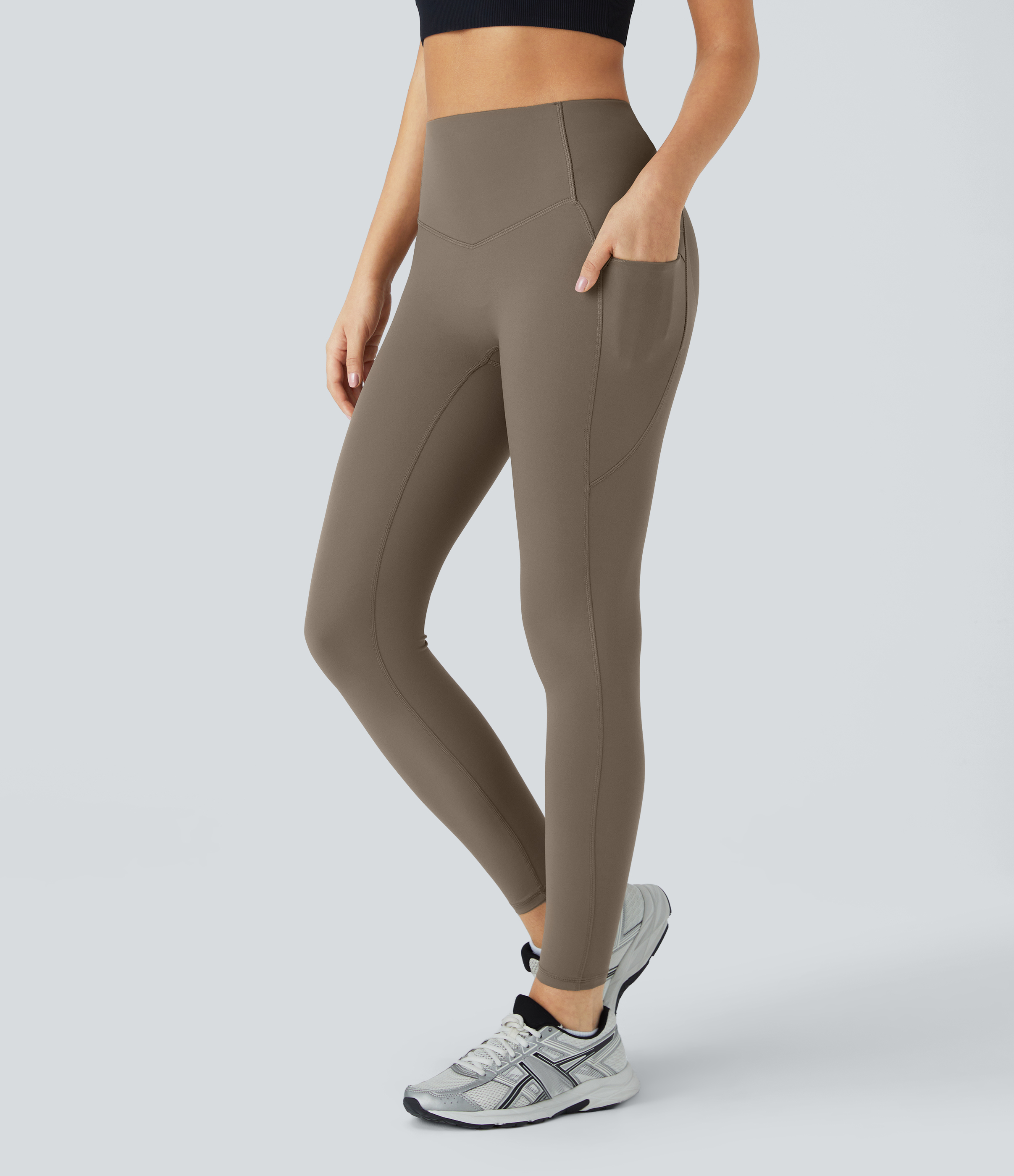 Halara SoCinched High Waisted Butt Lifting Tummy Control Side Pocket Shaping Yoga UltraSculpt Leggings  - Dawn Brown - L(7/8) gym leggings 