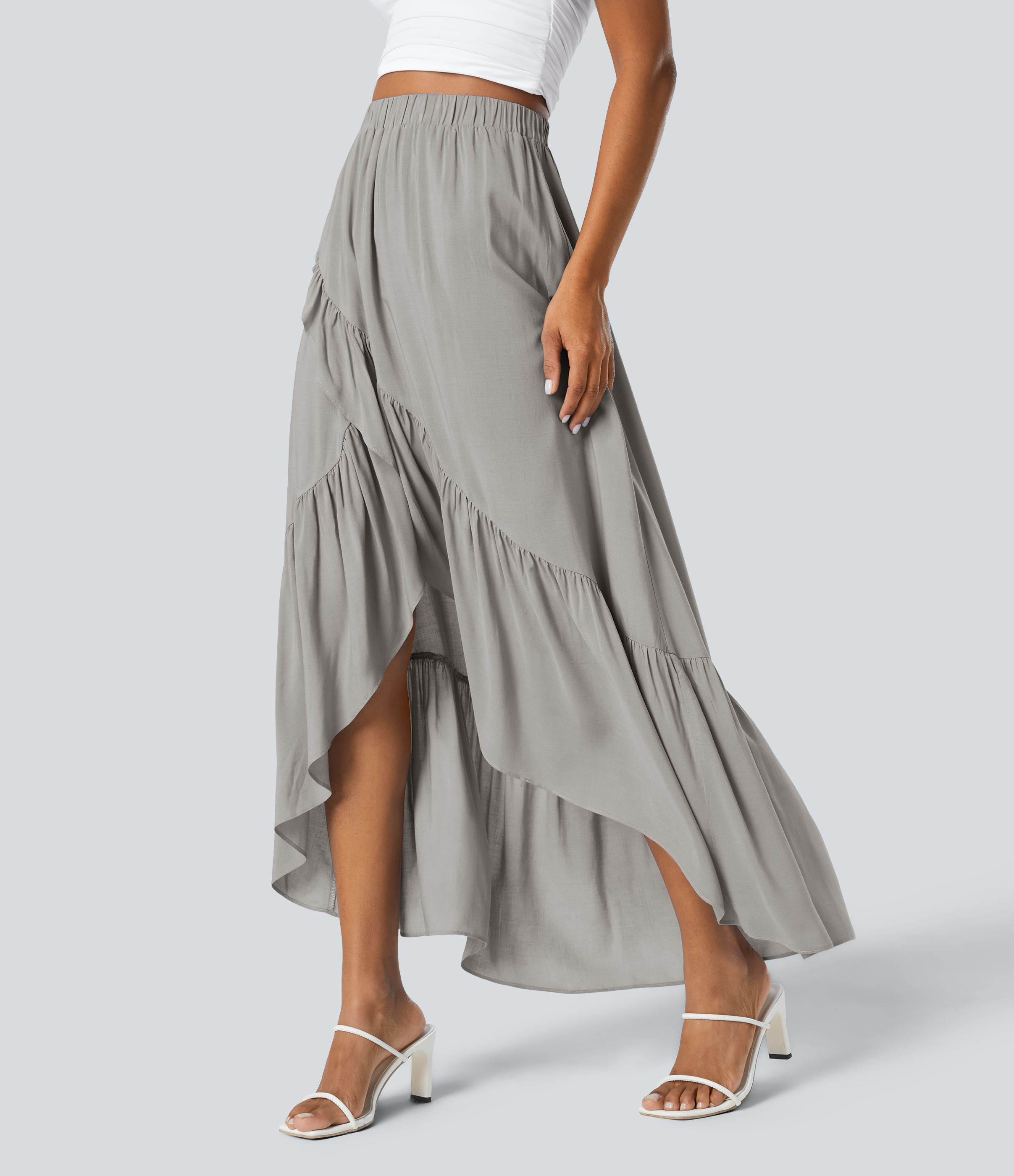 Women's High Waisted High Low Ruffle Hem Flowy Maxi Skirt