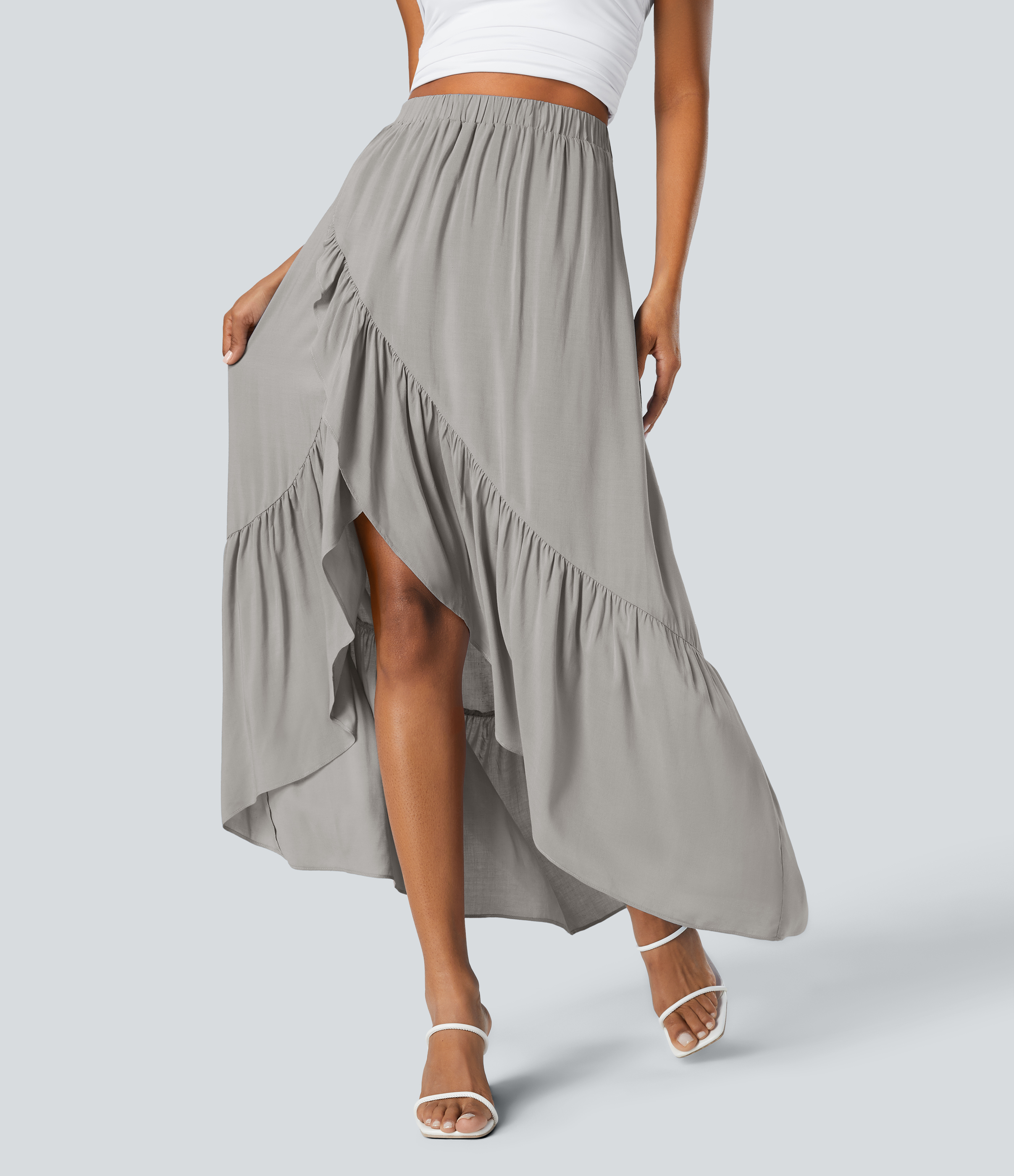 Halara High Waisted Plicated High Low Ruffle Hem Flowy Maxi Resort Skirt  - Ephedra Gray - XL(regular) 