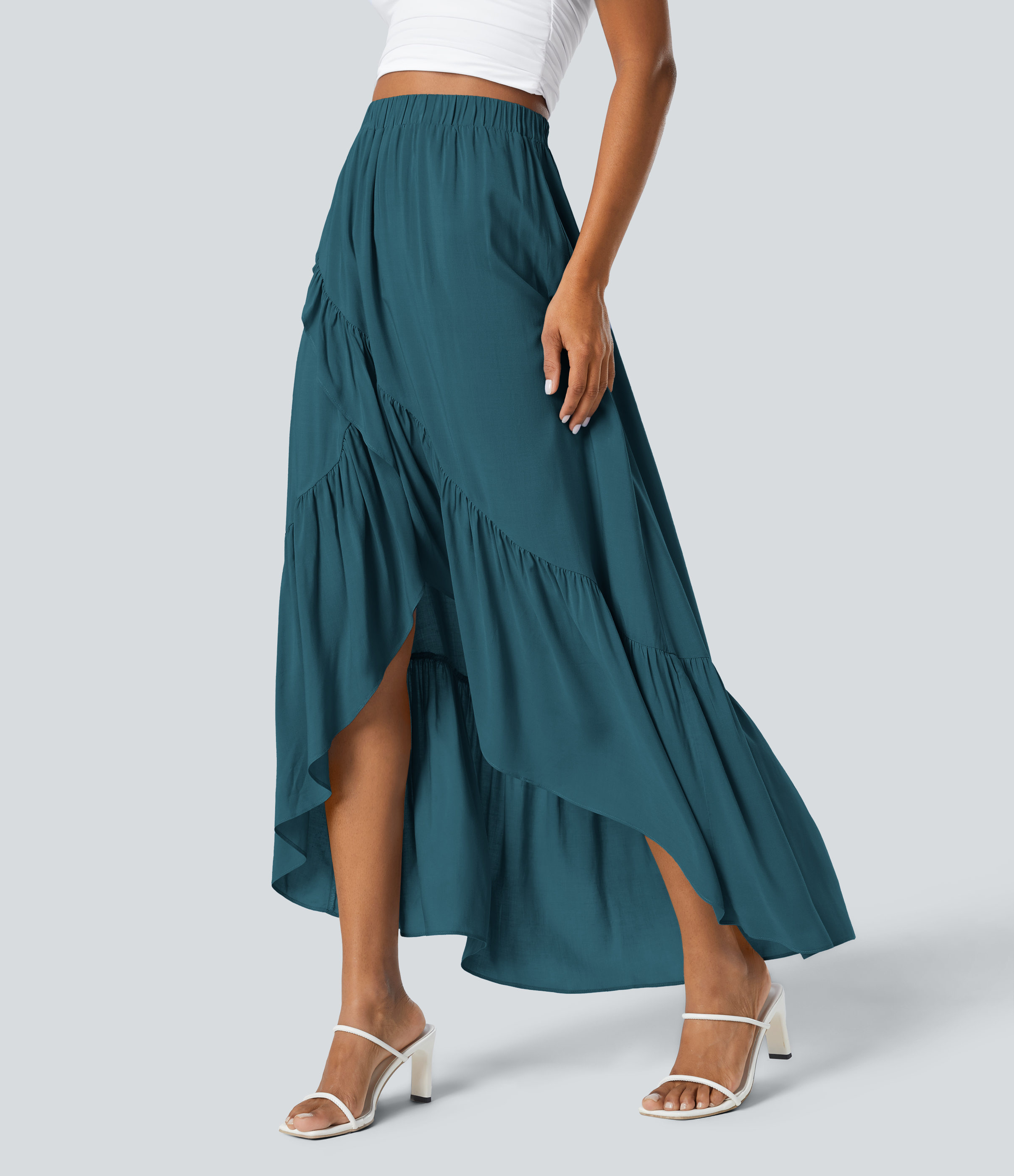 Halara High Waisted Plicated High Low Ruffle Hem Flowy Maxi Resort Skirt  - Dragonfly - L(regular) 