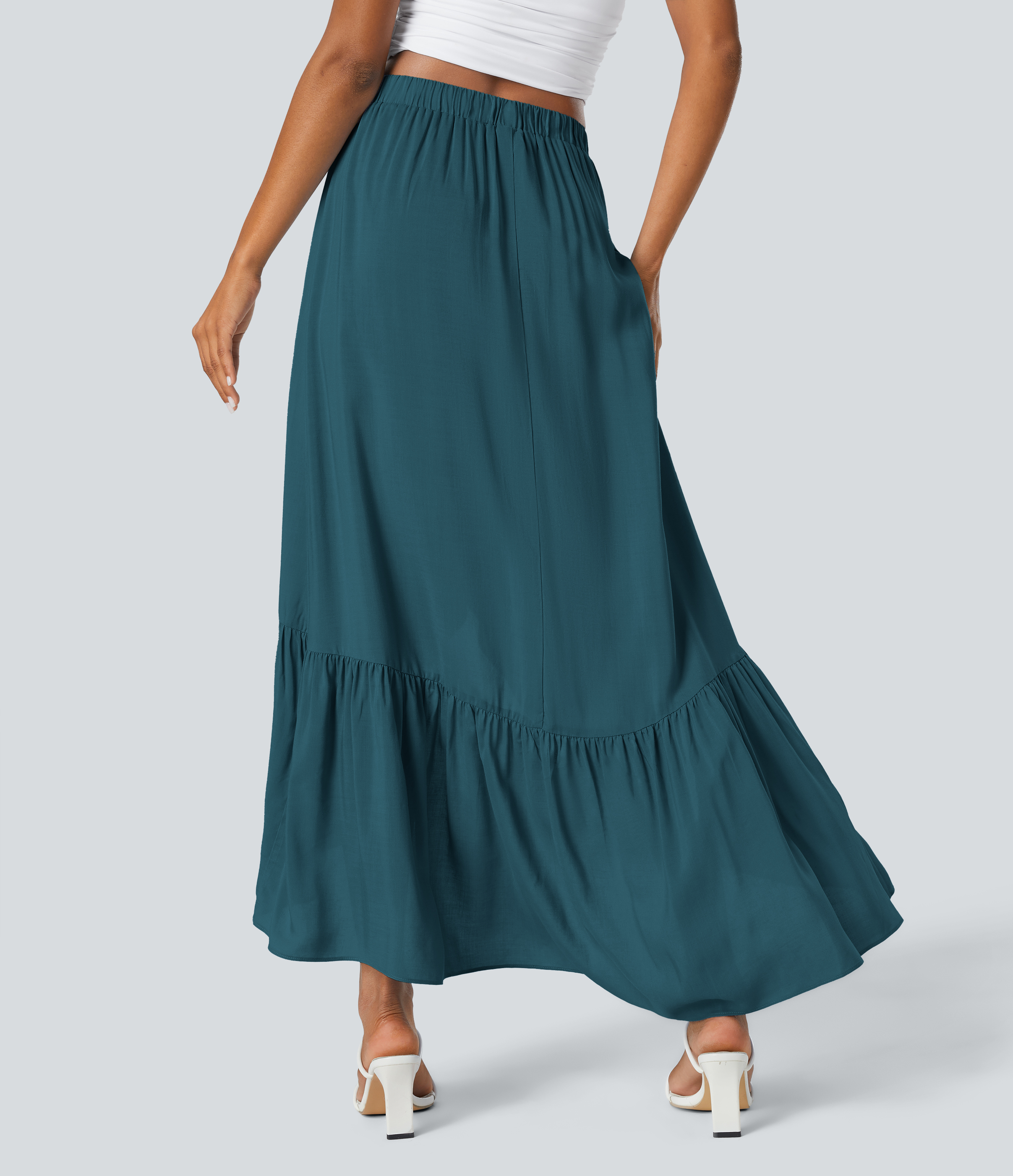 Halara High Waisted Plicated High Low Ruffle Hem Flowy Maxi Resort Skirt  - Dragonfly - L(regular) 