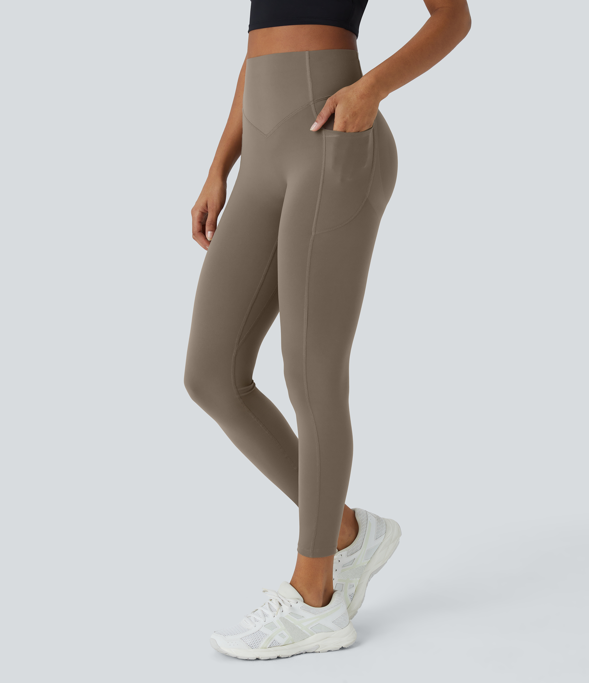 Halara SoCinched High Waisted Butt Lifting Tummy Control Side Pocket Shaping Training UltraSculpt Leggings  - Dawn Brown - S(full_length) 