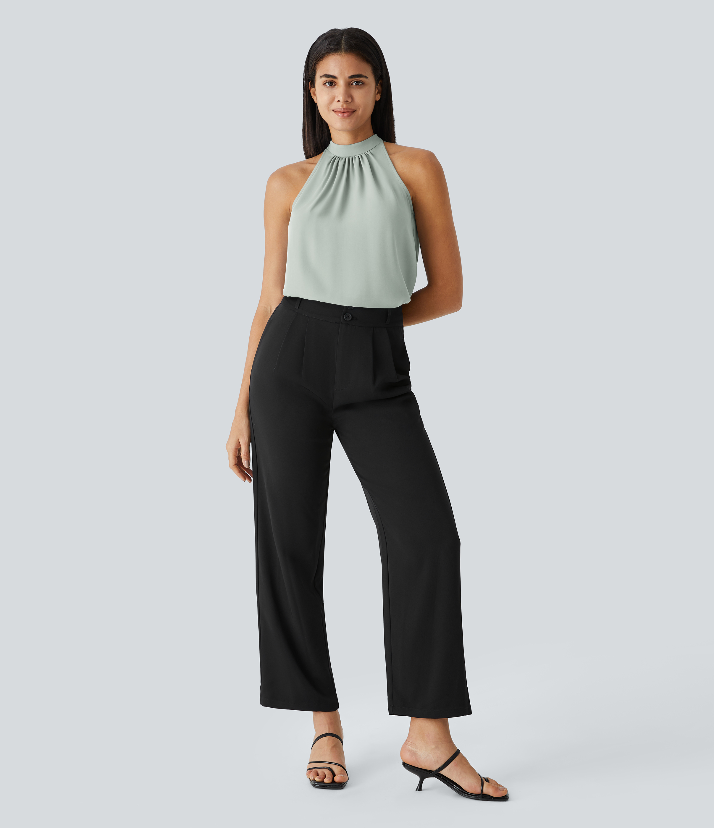 Halara Keyhole Back Halter Plicated Sleeveless Curved Hem Work Blouse  - Pale Clay Green - M 