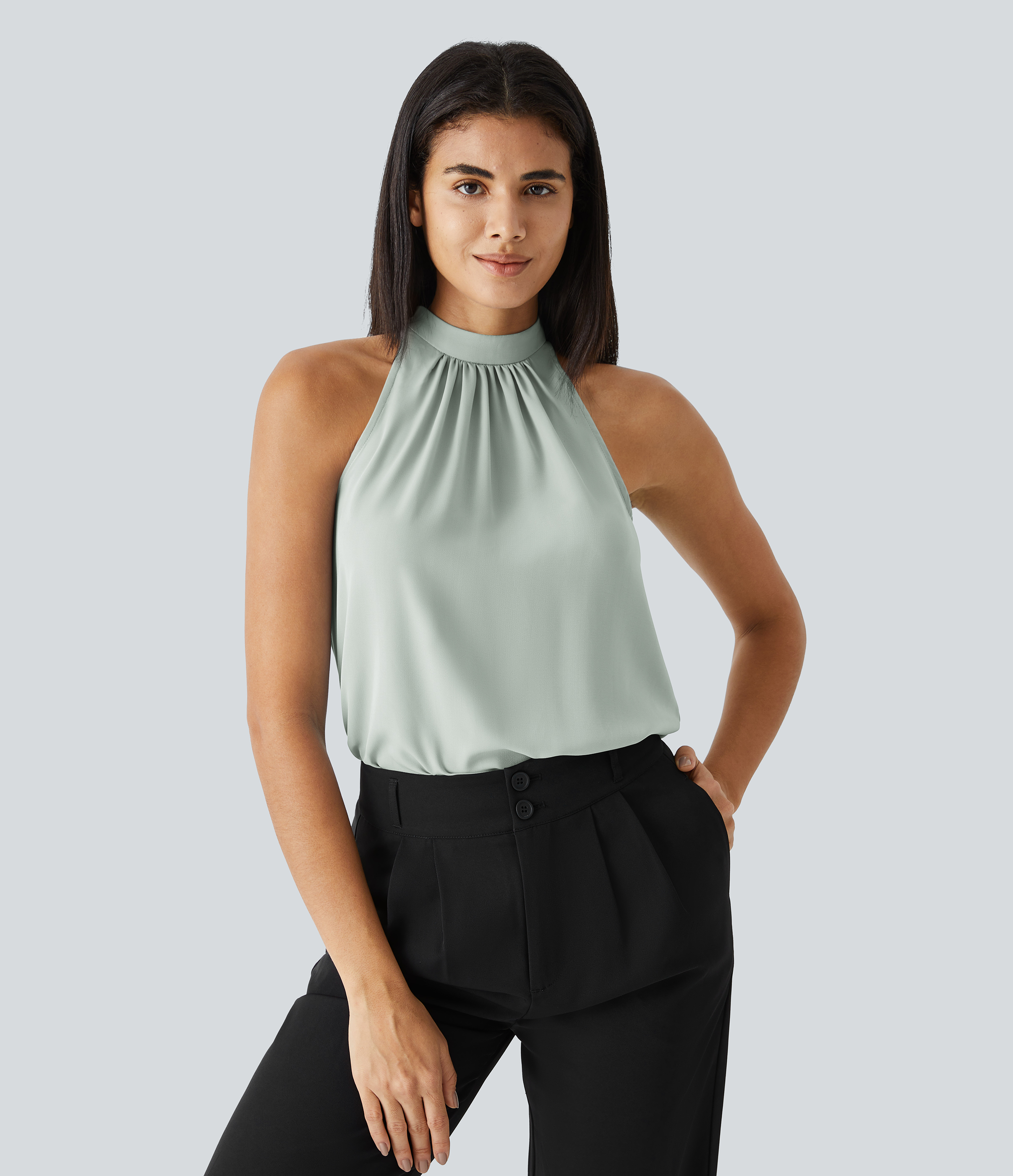 Halara Keyhole Back Halter Plicated Sleeveless Curved Hem Work Blouse  - Pale Clay Green - M 
