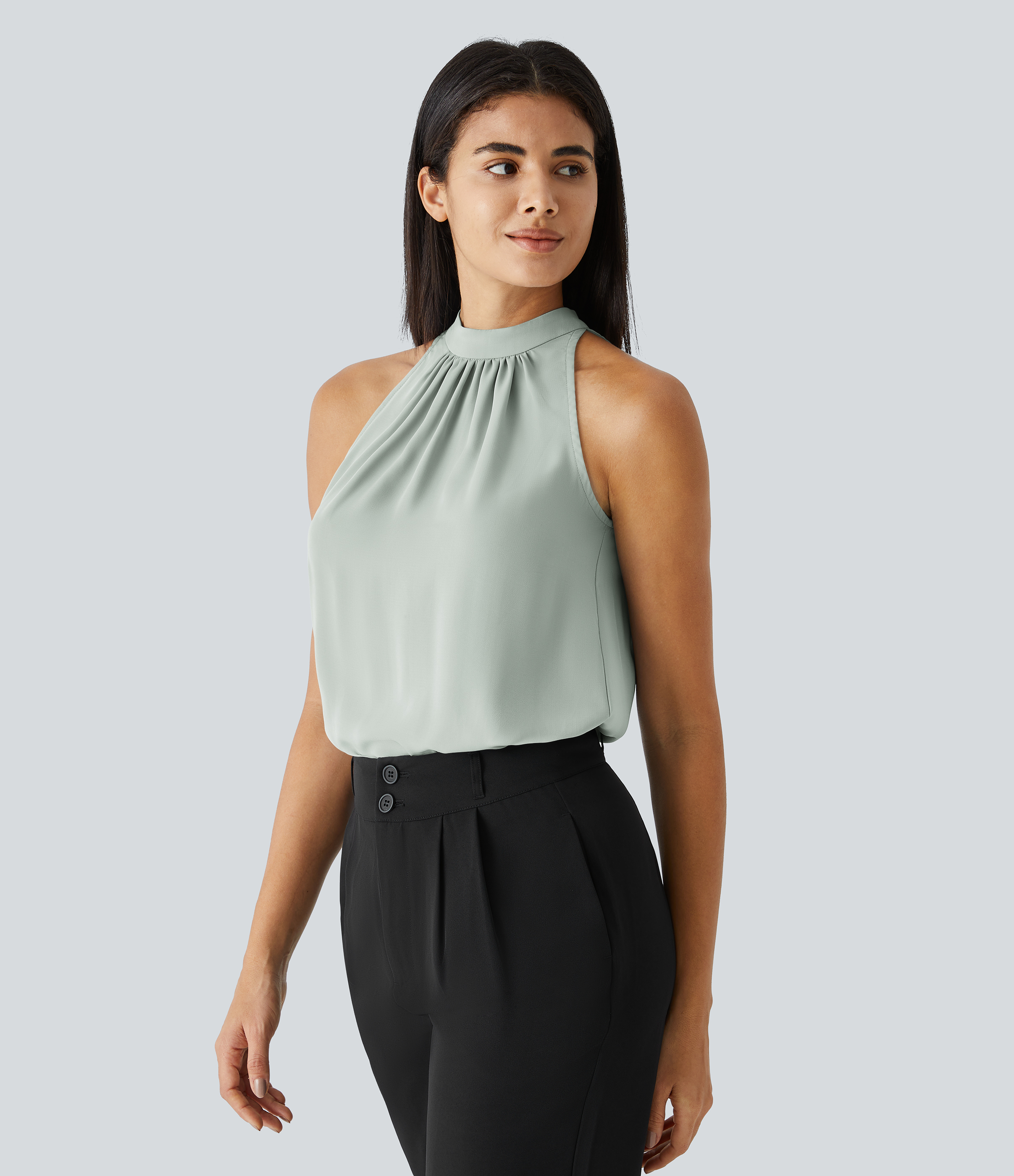 Halara Keyhole Back Halter Plicated Sleeveless Curved Hem Work Blouse  - Pale Clay Green - M 