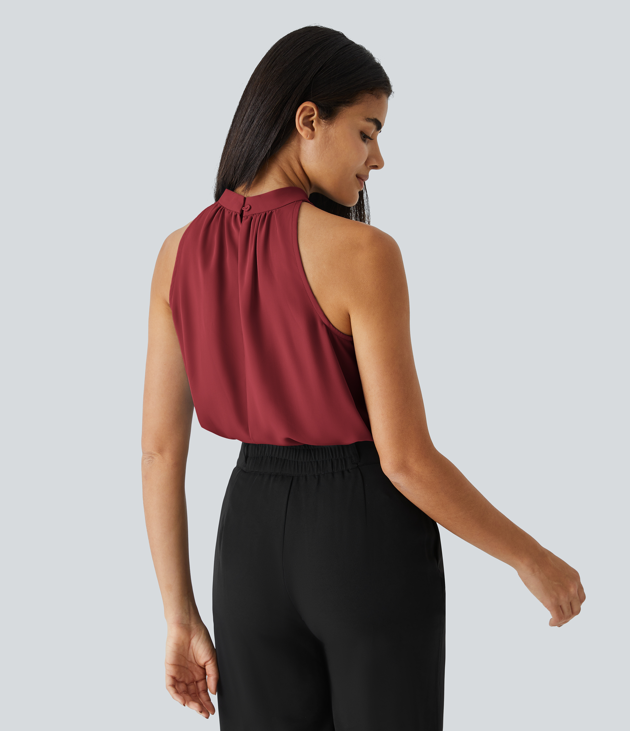 Halara Keyhole Back Halter Plicated Sleeveless Curved Hem Work Blouse  - Plum Bossom Red - L 