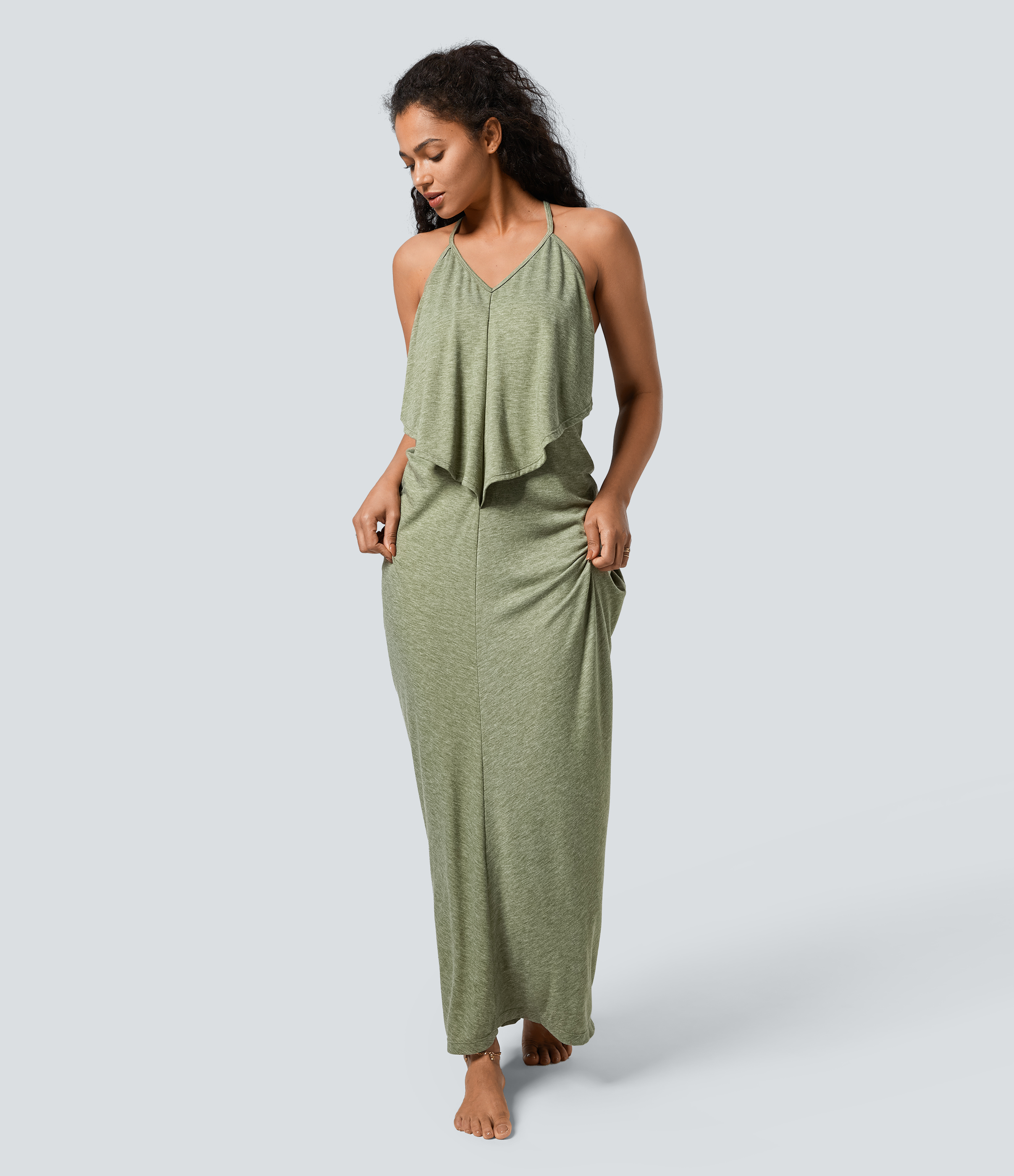 Halara V Neck Backless Tie Back Ruched Maxi Resort Slip Dress Casual Dress - Light Green Floral Yarn - XL slip dress beach dress ruched dress 