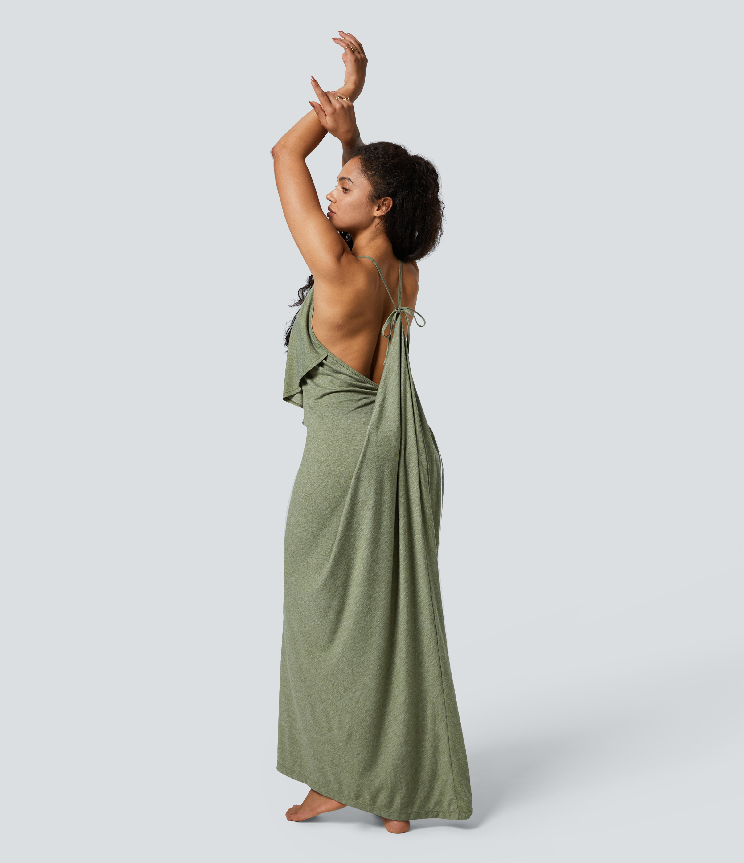 Halara V Neck Backless Tie Back Ruched Maxi Resort Slip Dress Casual Dress - Light Green Floral Yarn - XL slip dress beach dress ruched dress 