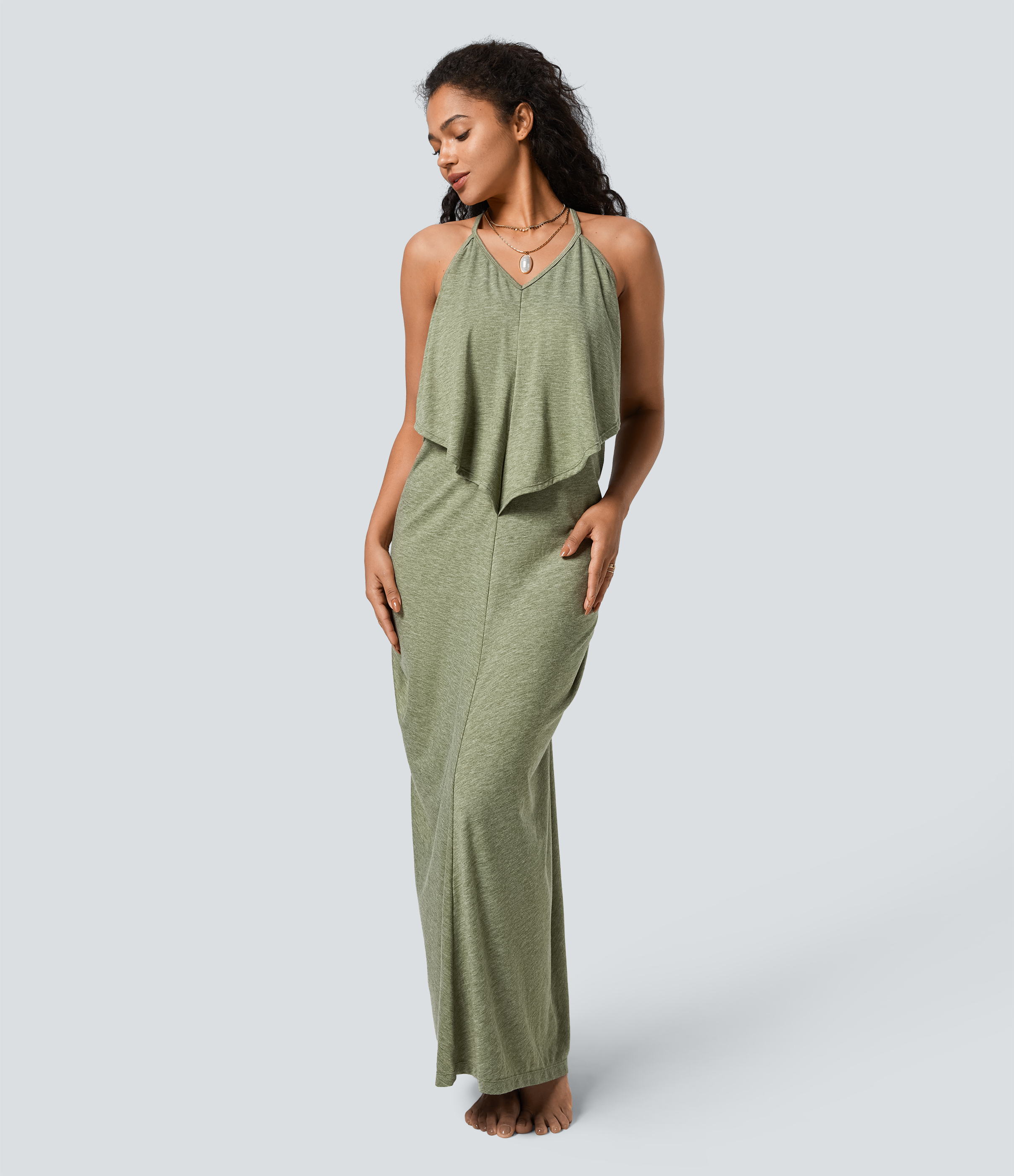 Halara V Neck Backless Tie Back Ruched Maxi Resort Slip Dress Casual Dress - Light Green Floral Yarn - XL slip dress beach dress ruched dress 