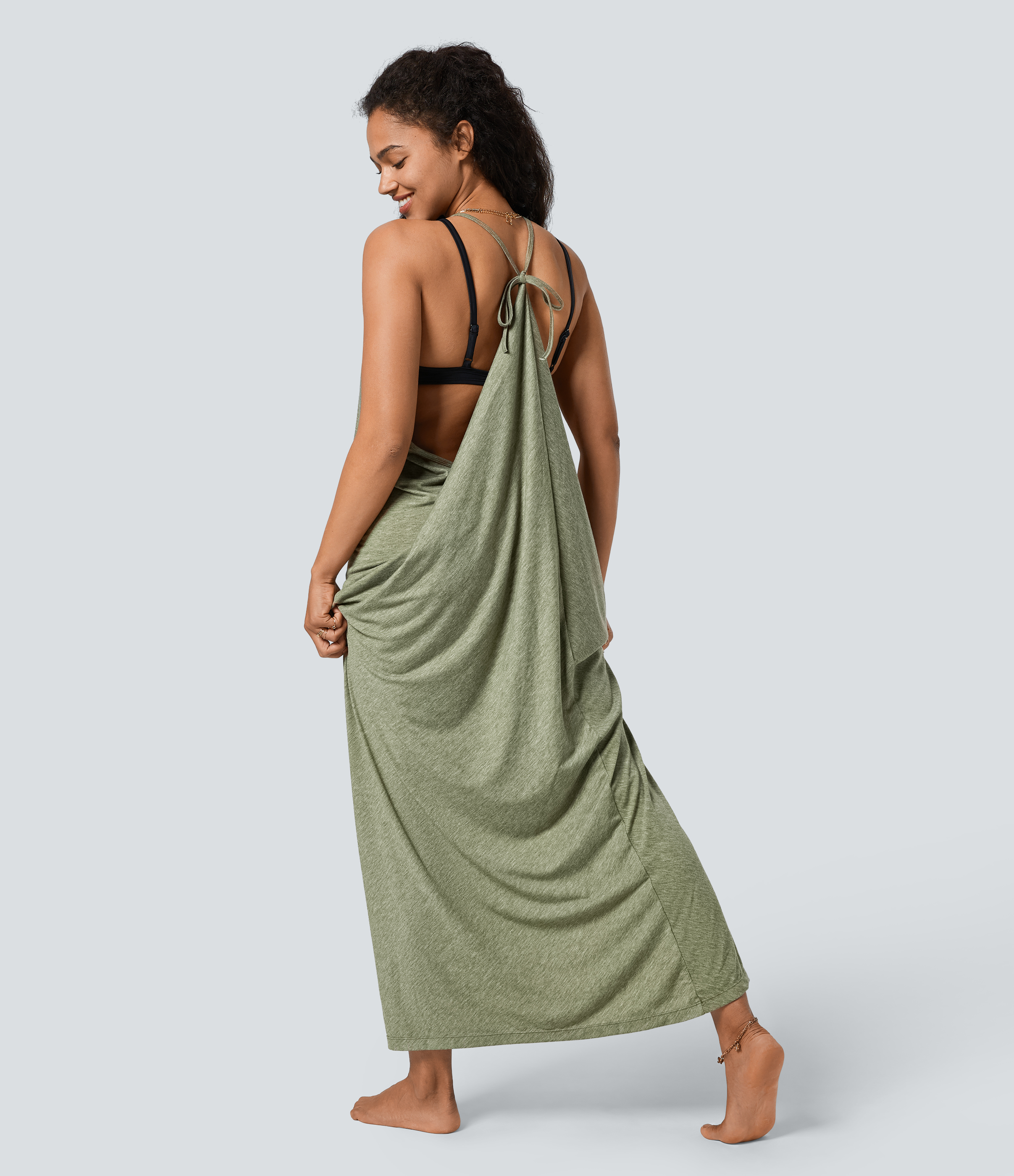 Halara V Neck Backless Tie Back Ruched Maxi Resort Slip Dress Casual Dress - Light Green Floral Yarn - XL slip dress beach dress ruched dress 