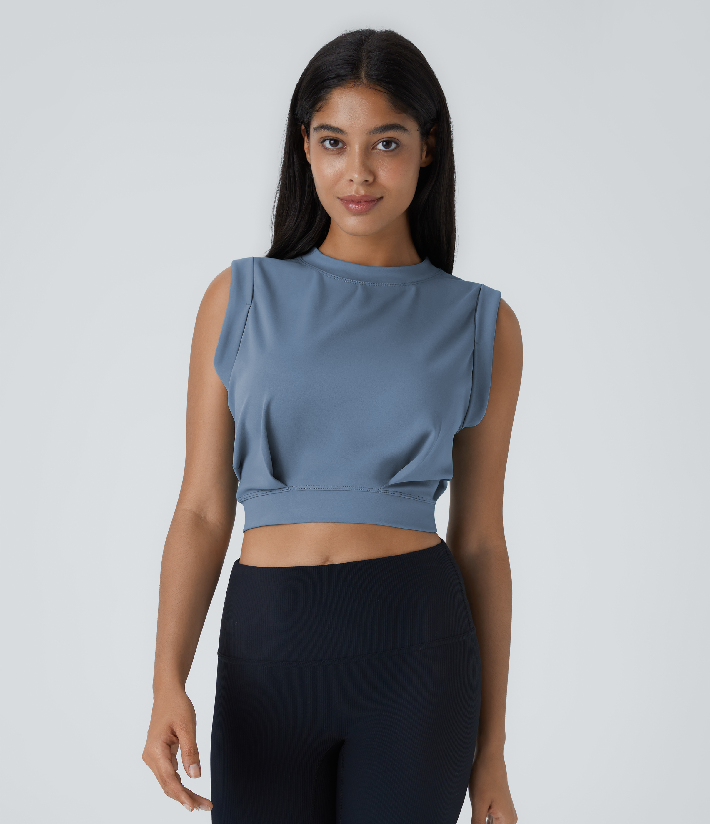 Halara Crew Neck Sleeveless Cropped Yoga Tank Top Tank Top - Stonewash - XL golf tops halter top tunic tops sleeveless tops backless top 