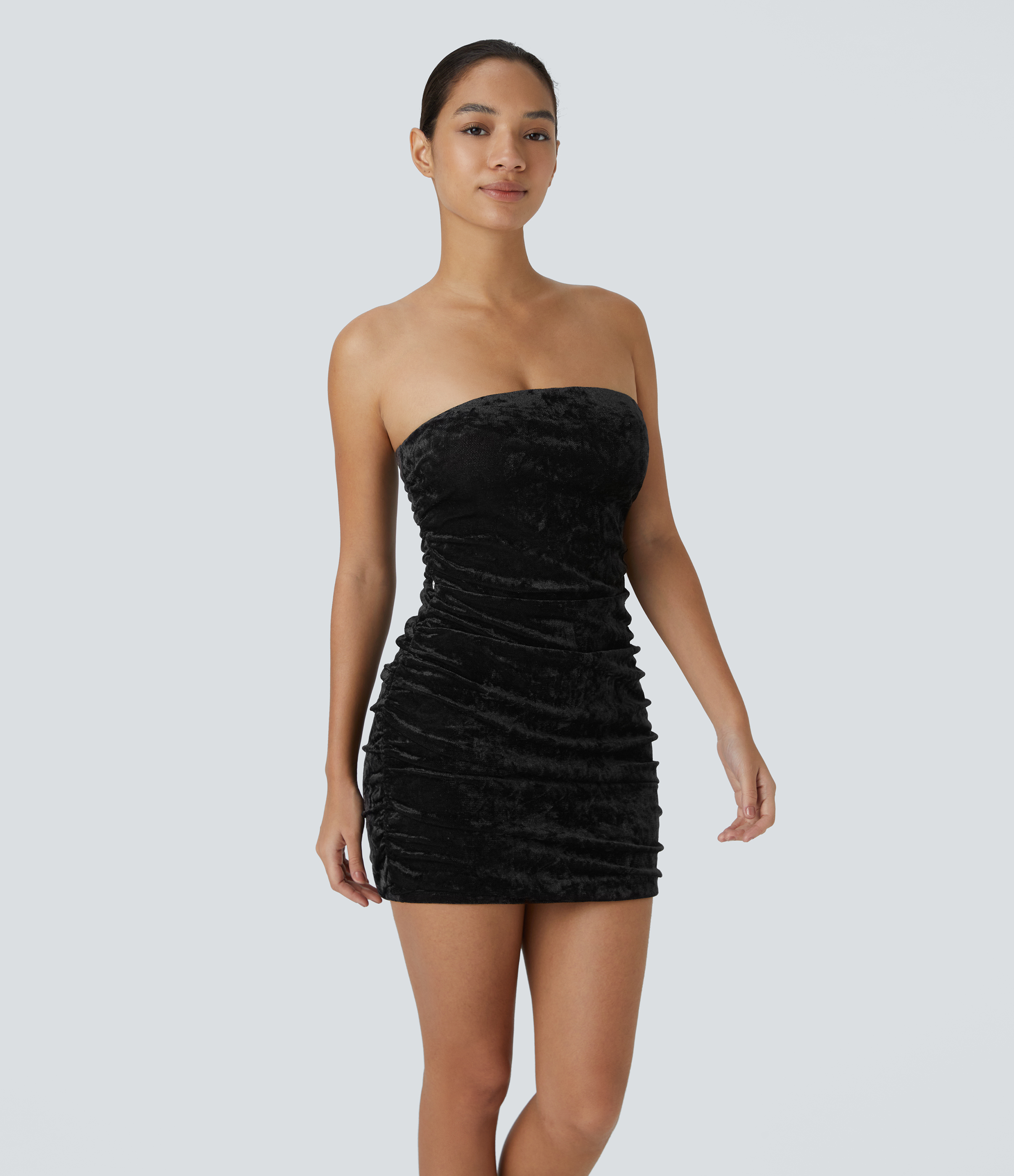 Halara Sheer Tube Ruched Ruffle Trim Wrapped Tie Side Velvet Bodycon Maxi Party Dress Casual Dress - Black - S slip dress beach dress 