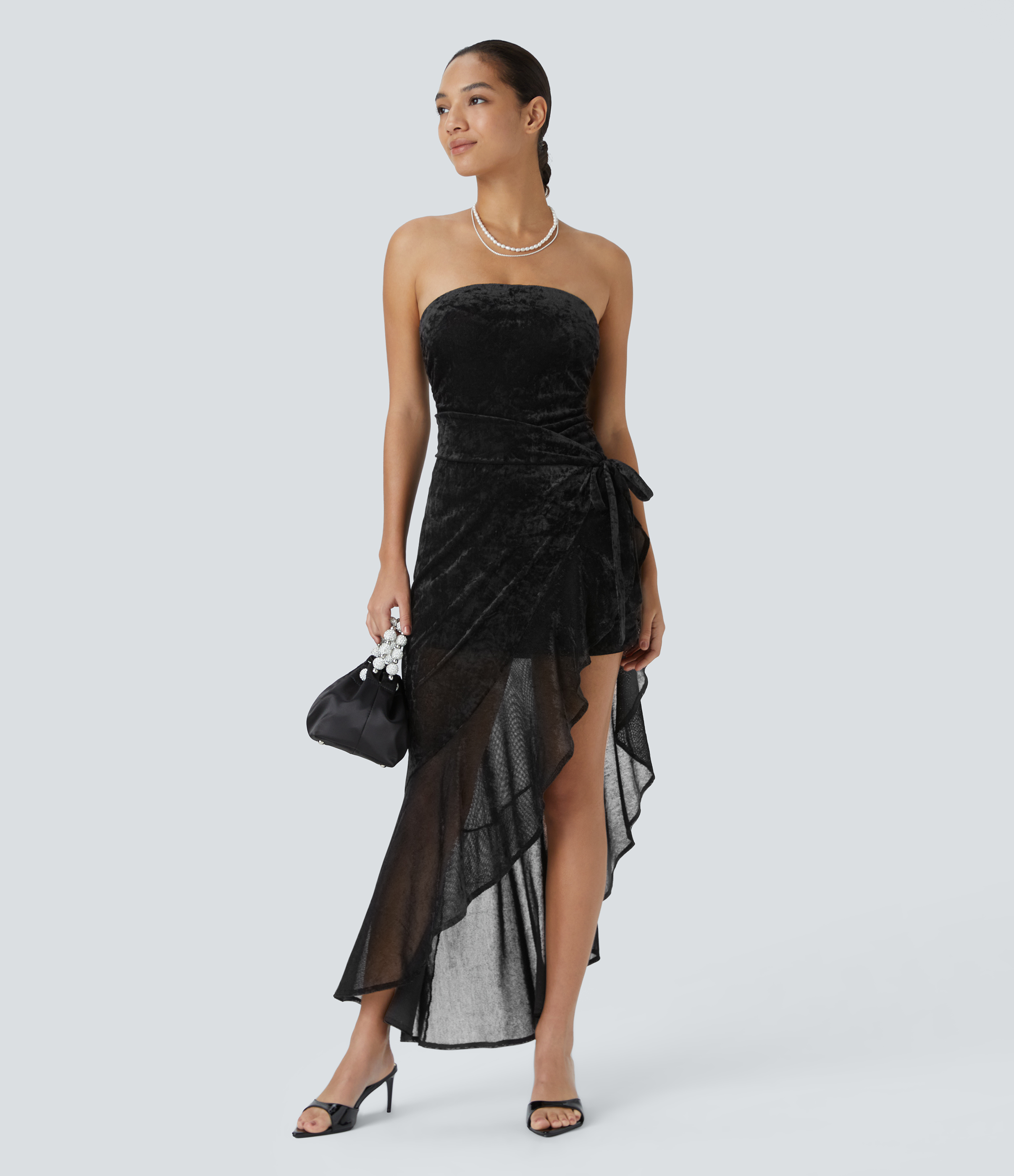 Halara Sheer Tube Ruched Ruffle Trim Wrapped Tie Side Velvet Bodycon Maxi Party Dress Casual Dress - Black - S slip dress beach dress 