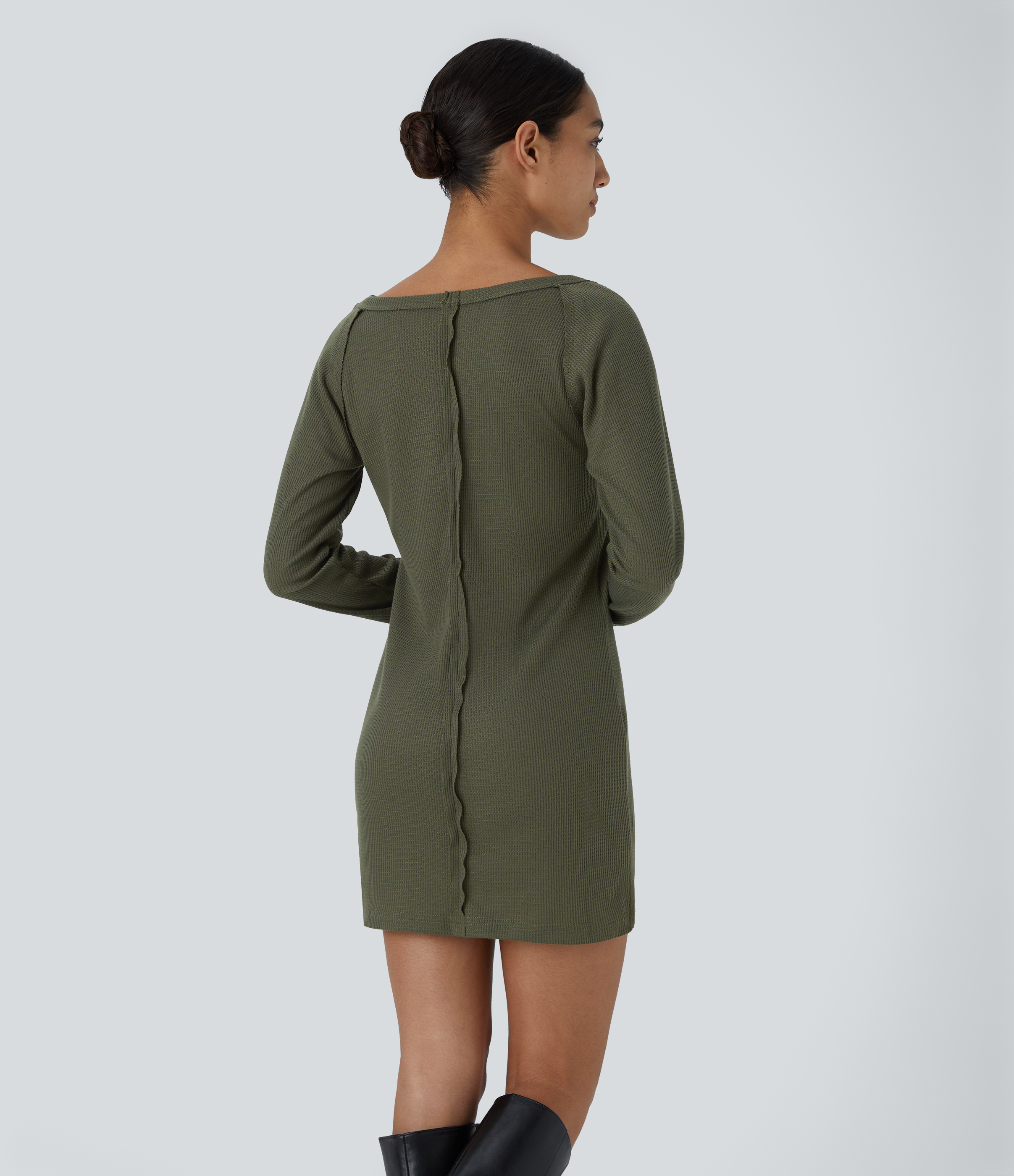 Halara Boat Neck Raglan Sleeve Thumb Hole Split Hem Waffle Casual Sweatshirt Dress  - Kalamata - XS 