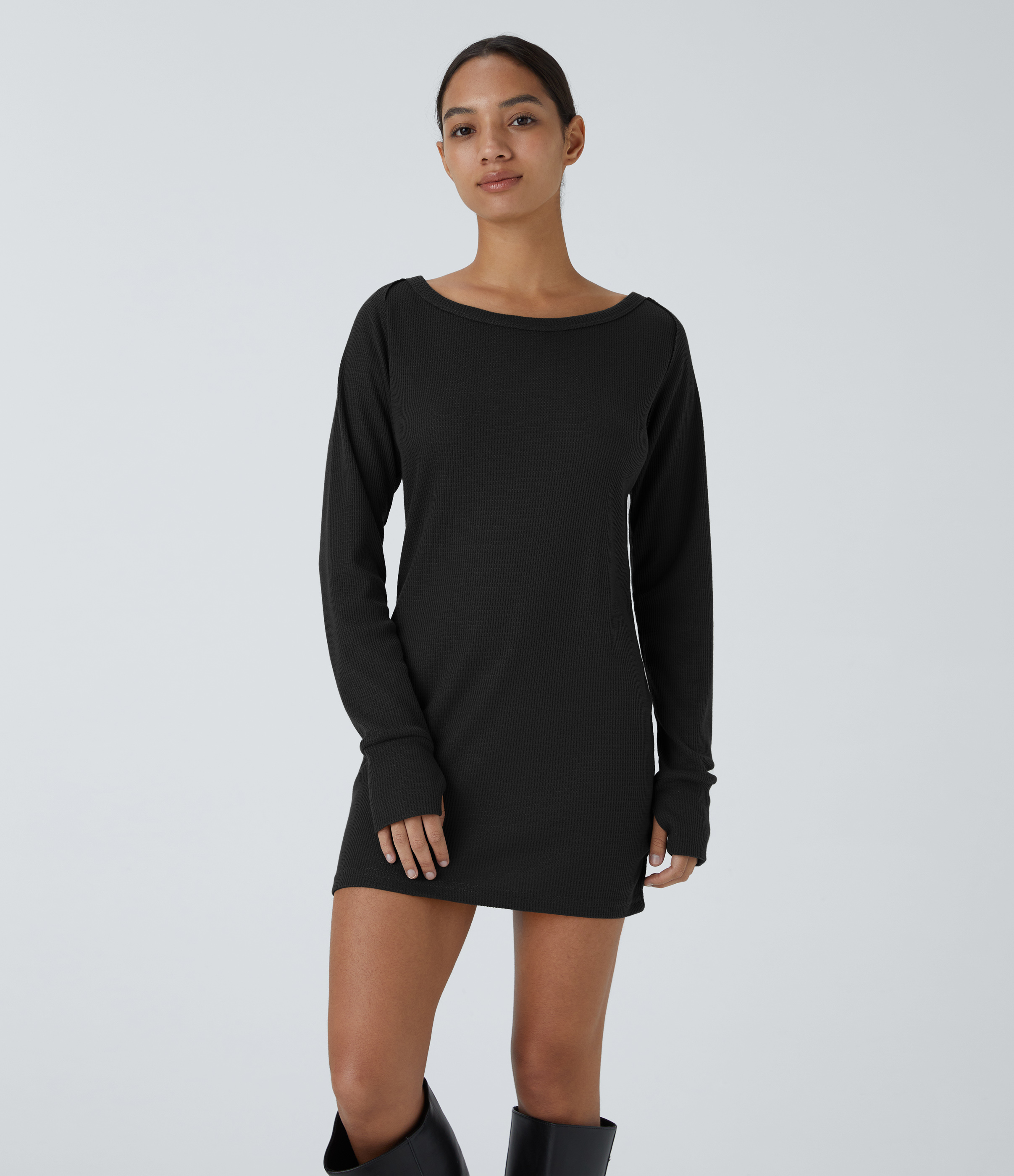 Halara Boat Neck Raglan Sleeve Thumb Hole Split Hem Waffle Casual Sweatshirt Dress  - Black - XS 