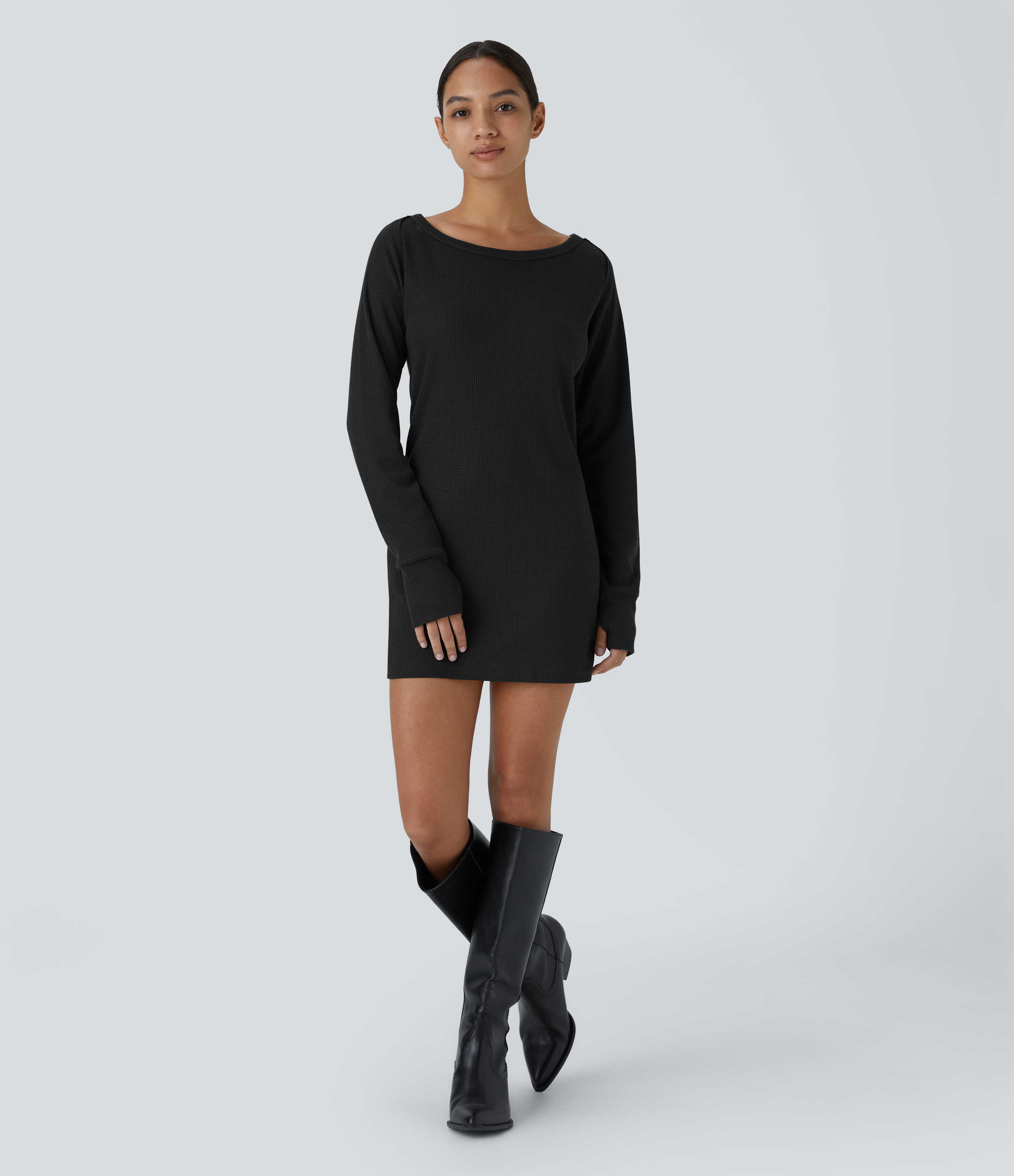 Halara Boat Neck Raglan Sleeve Thumb Hole Split Hem Waffle Casual Sweatshirt Dress  - Black - XS 