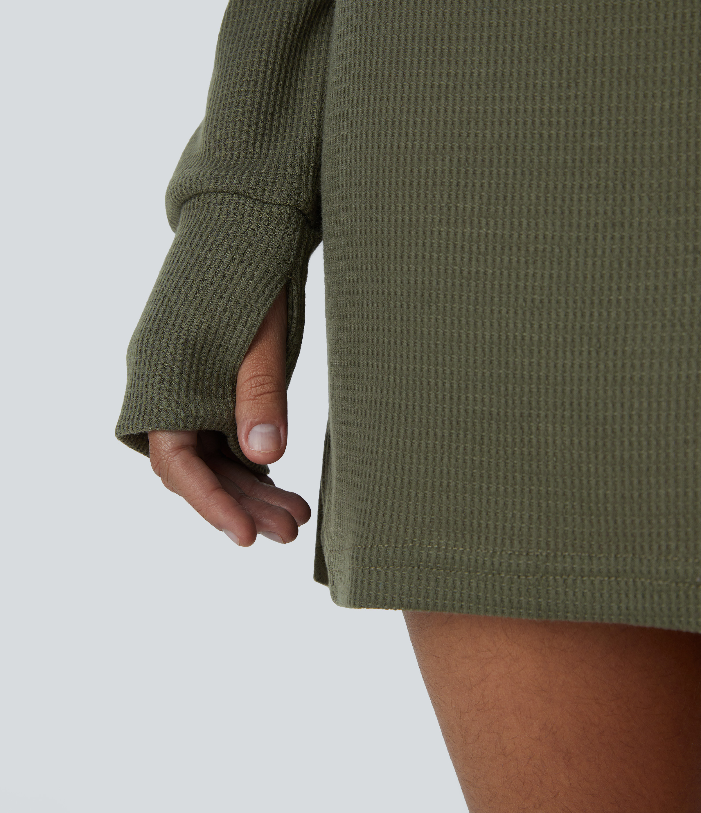 Halara Boat Neck Raglan Sleeve Thumb Hole Split Hem Waffle Casual Sweatshirt Dress  - Kalamata - XS 
