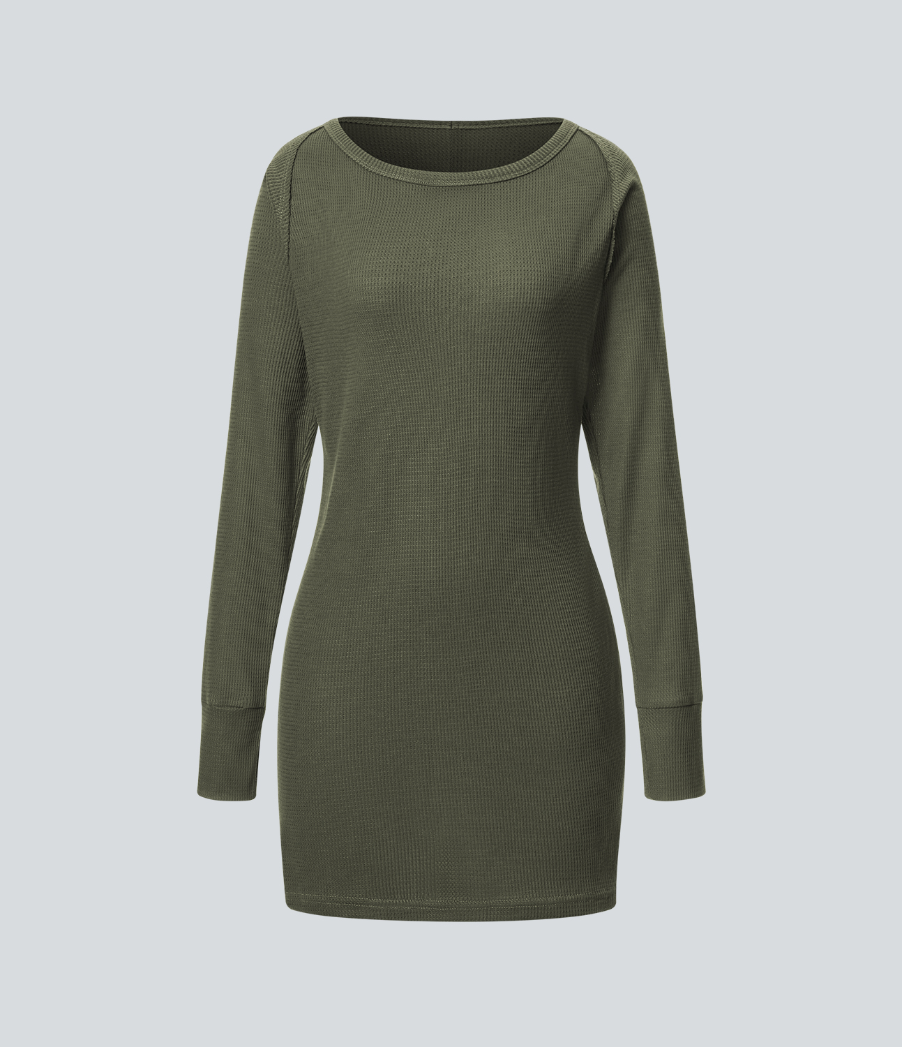 Halara Boat Neck Raglan Sleeve Thumb Hole Split Hem Waffle Casual Sweatshirt Dress  - Kalamata - XS 