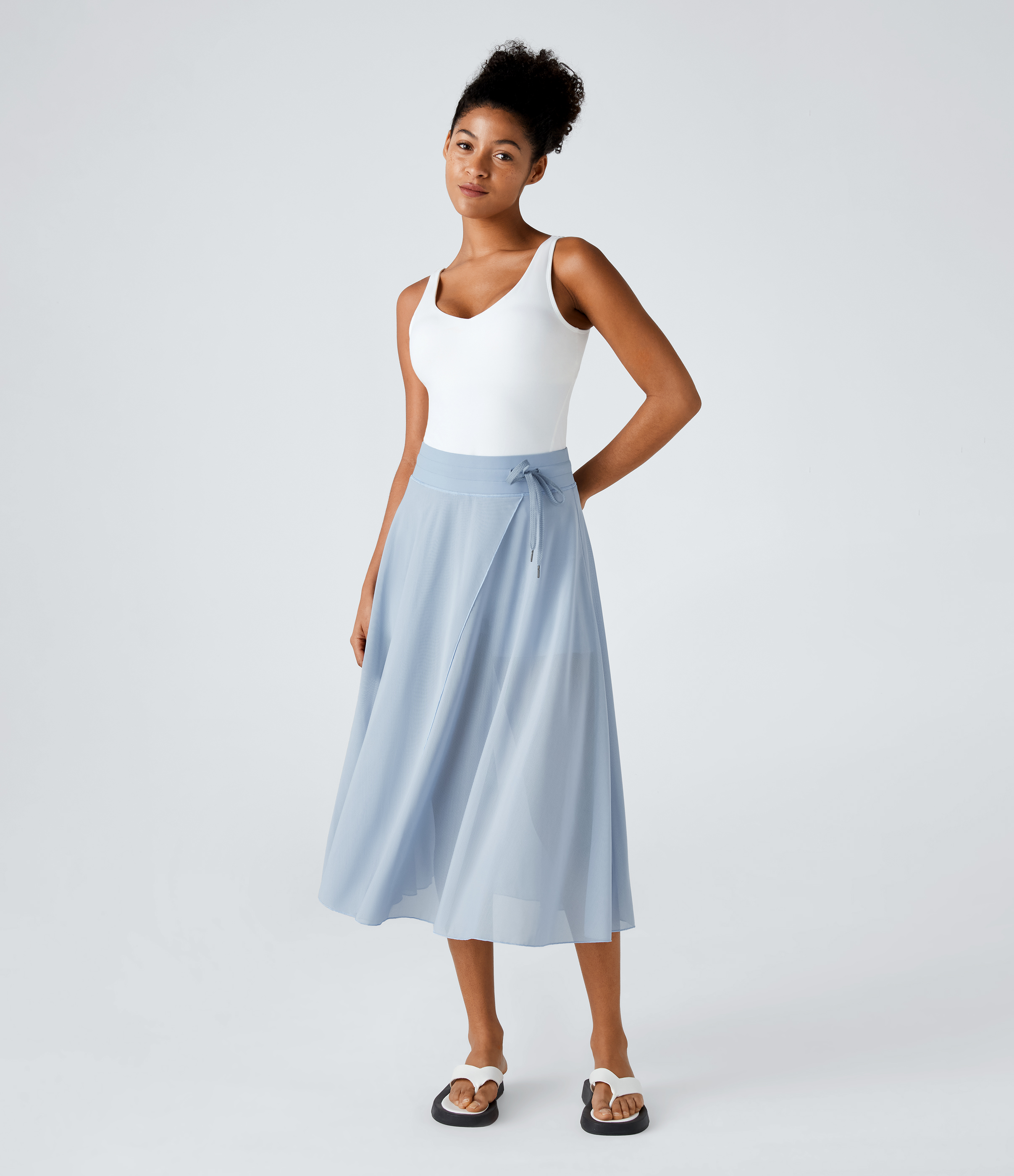 Halara High Waisted Drawstring Contrast Mesh 2-in-1 Side Pocket Flowy Midi Flare Casual Skirt  - Thin Ice Blue - XS midi skirt a line skirt 